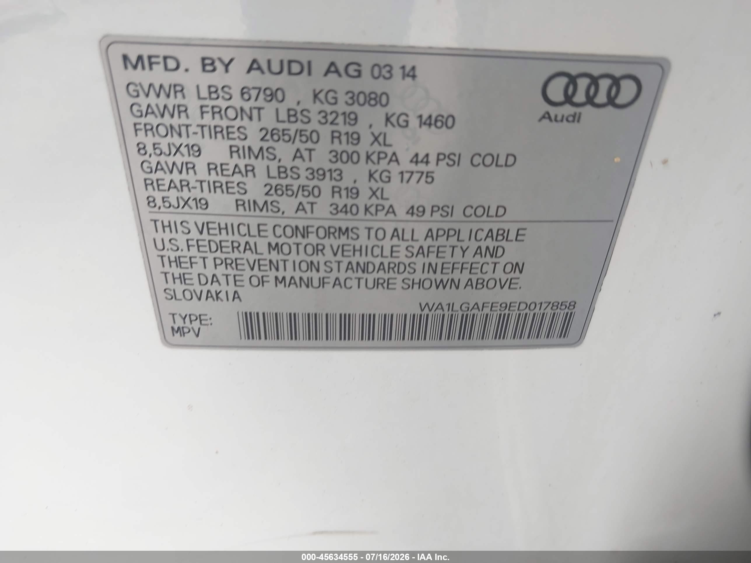 2014 Audi Q7 3.0t Premium White vin: WA1LGAFE9ED017858