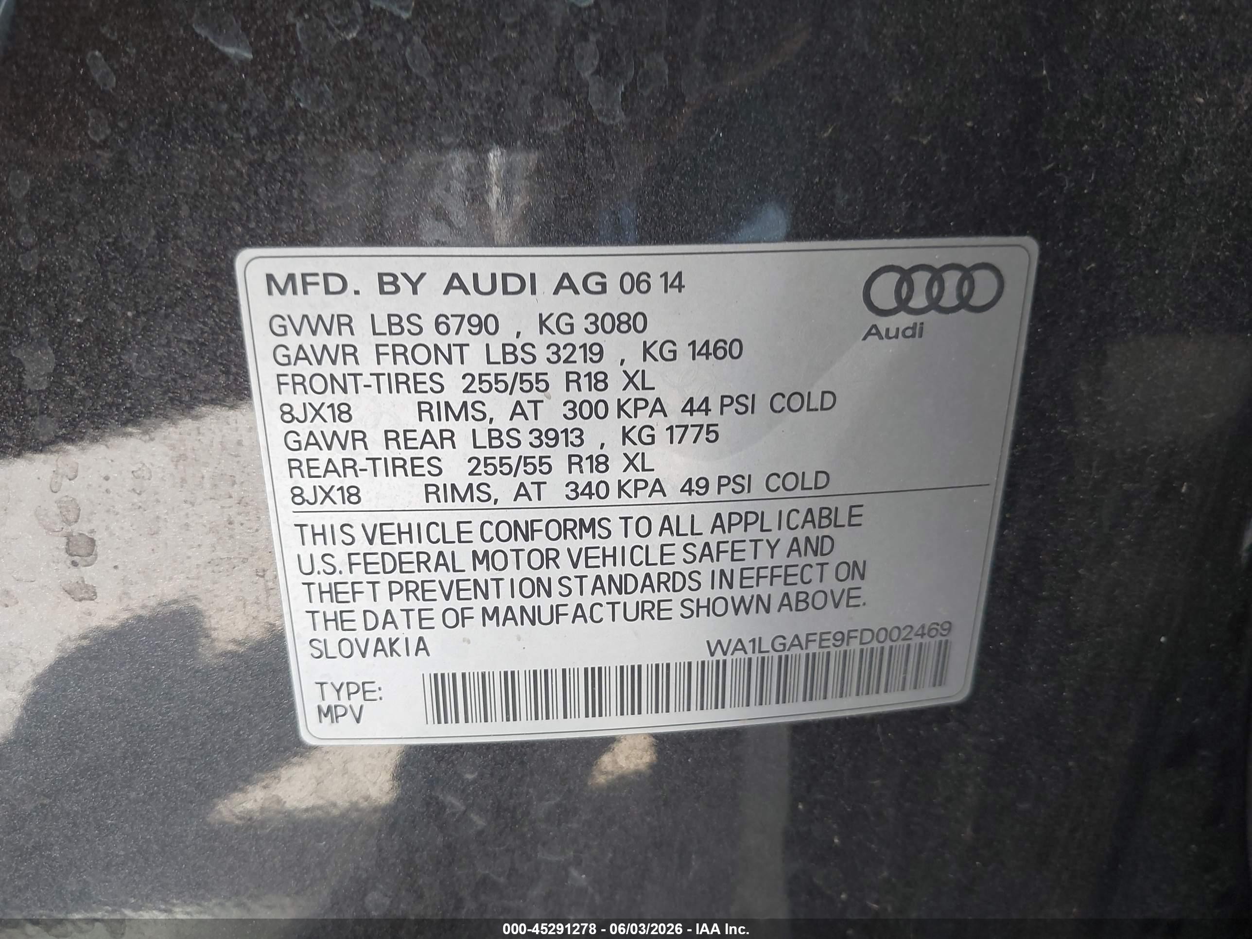 2015 Audi Q7 3.0t Premium Black vin: WA1LGAFE9FD002469
