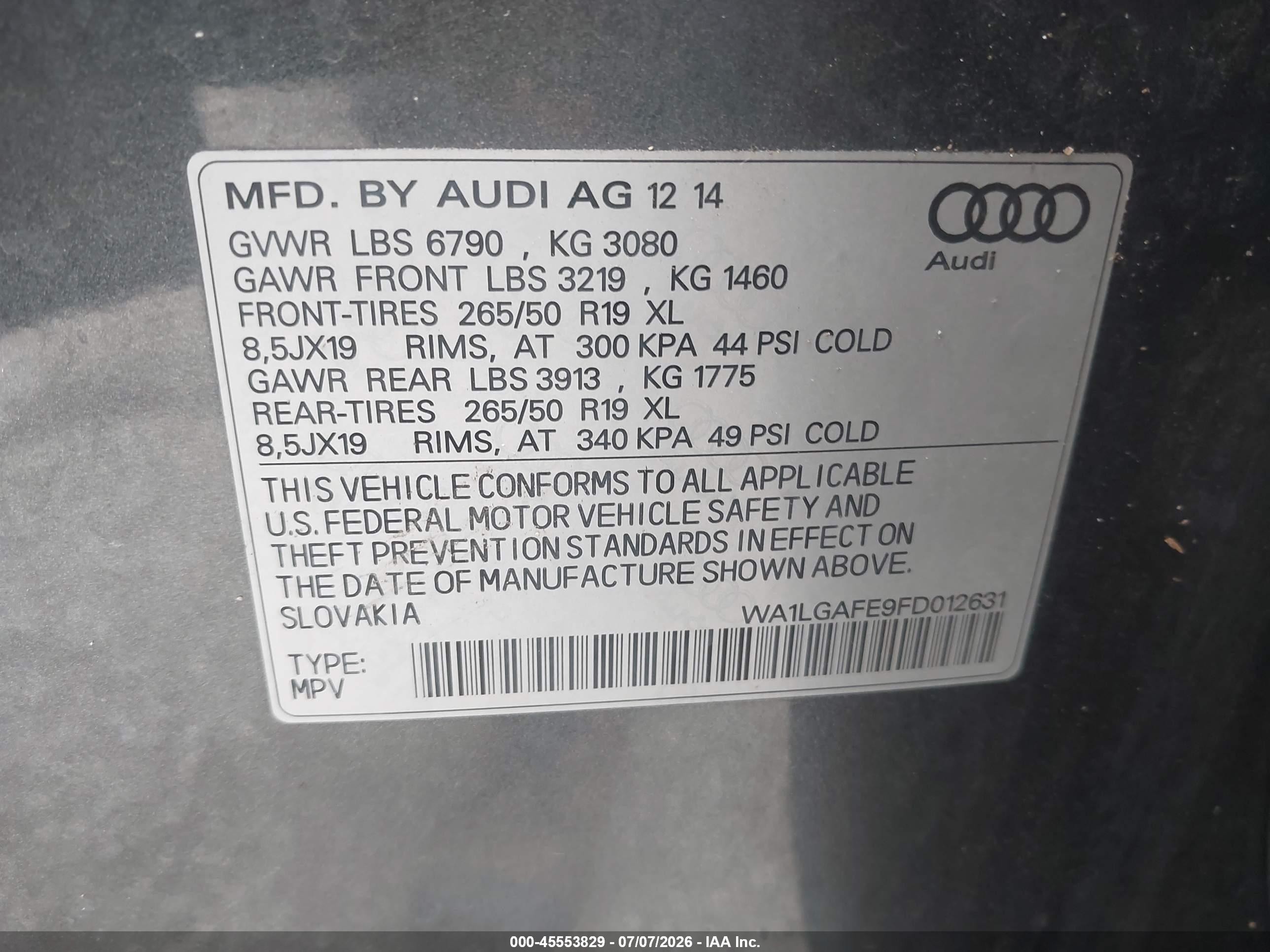2015 Audi Q7 3.0t Premium Gray vin: WA1LGAFE9FD012631