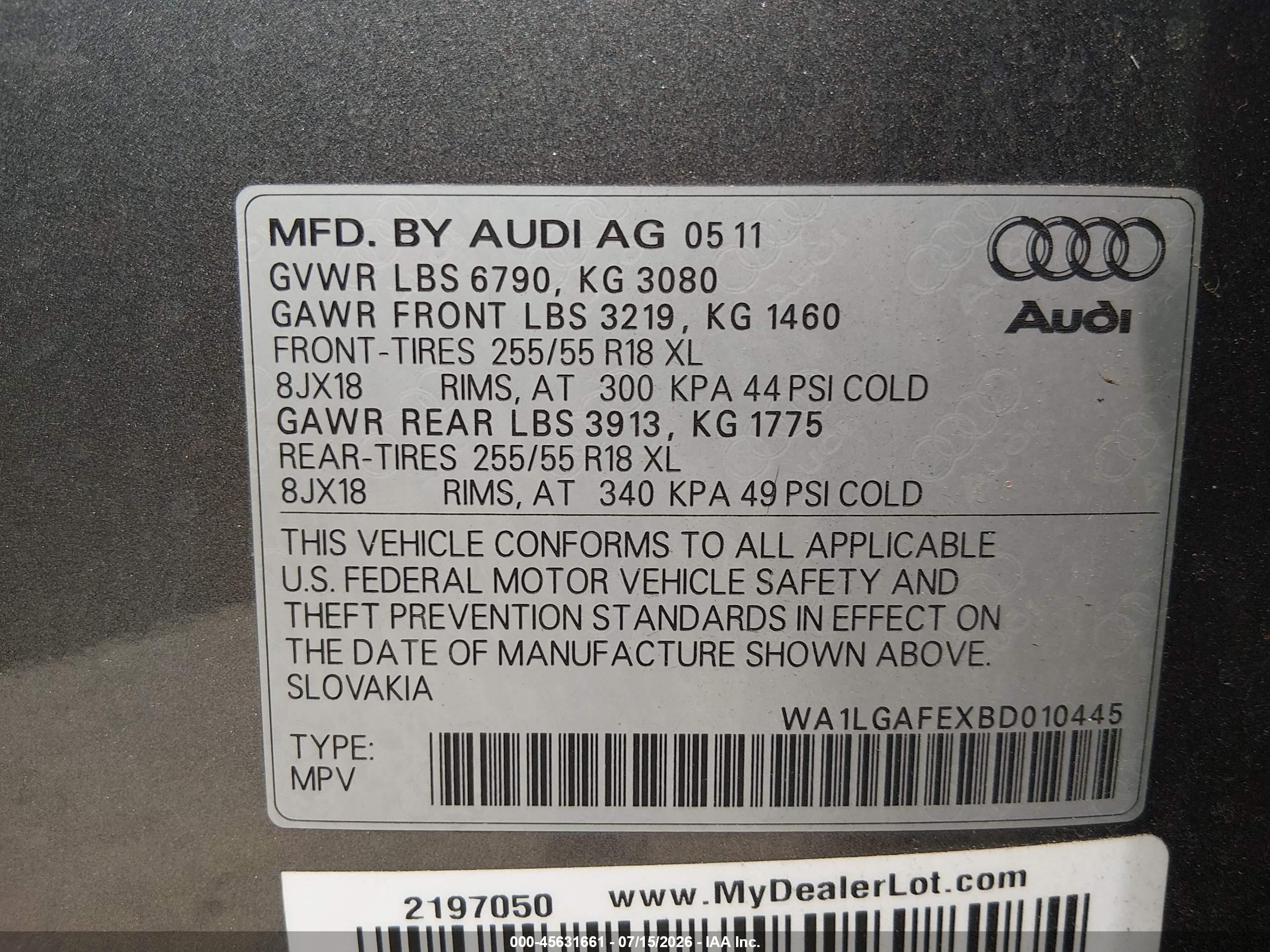 2011 Audi Q7 3.0t Premium Gray vin: WA1LGAFEXBD010445