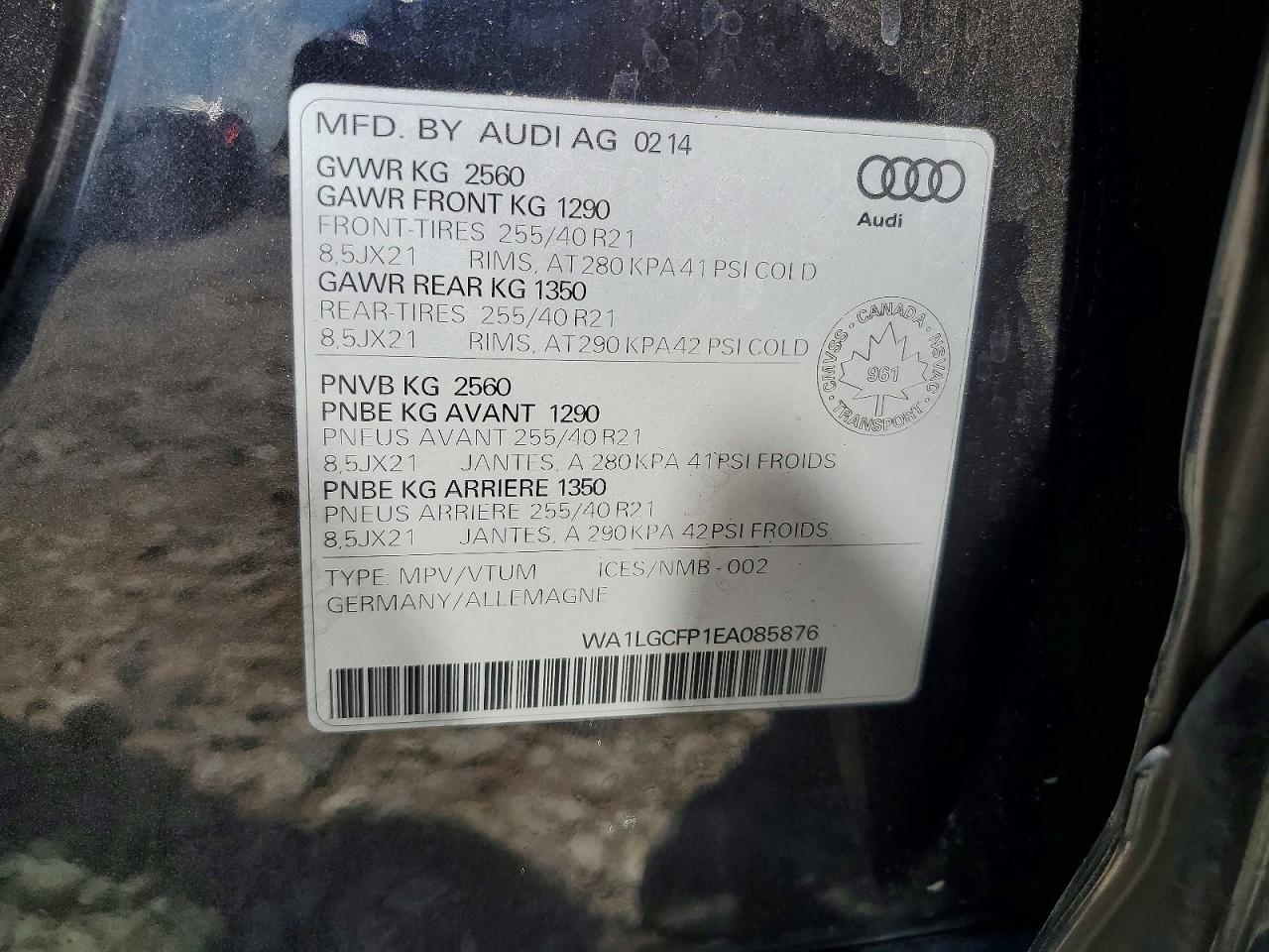 2014 Audi Q5 Premium Plus Charcoal vin: WA1LGCFP1EA085876