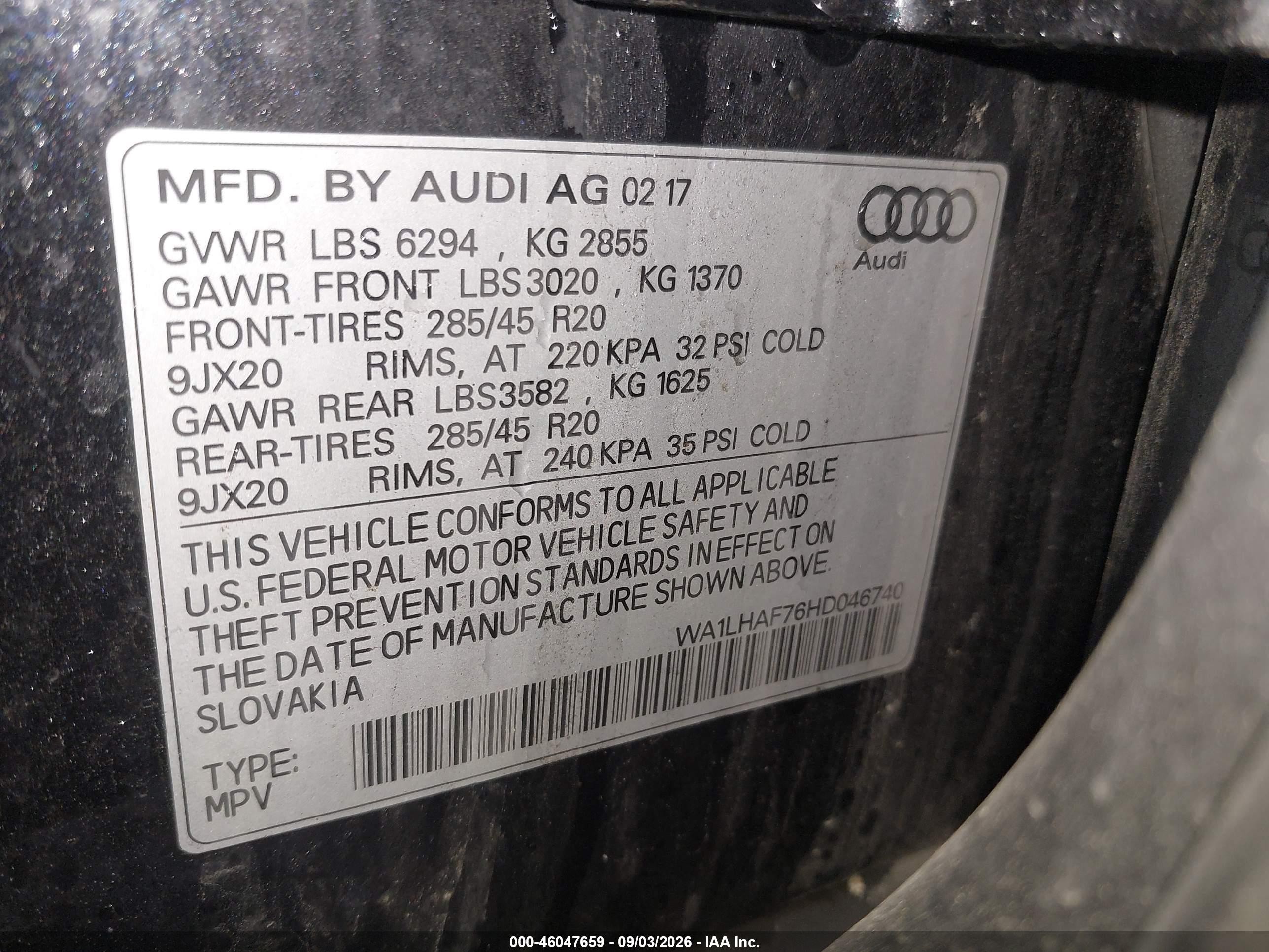 2017 Audi Q7 2.0t Premium Black vin: WA1LHAF76HD046740