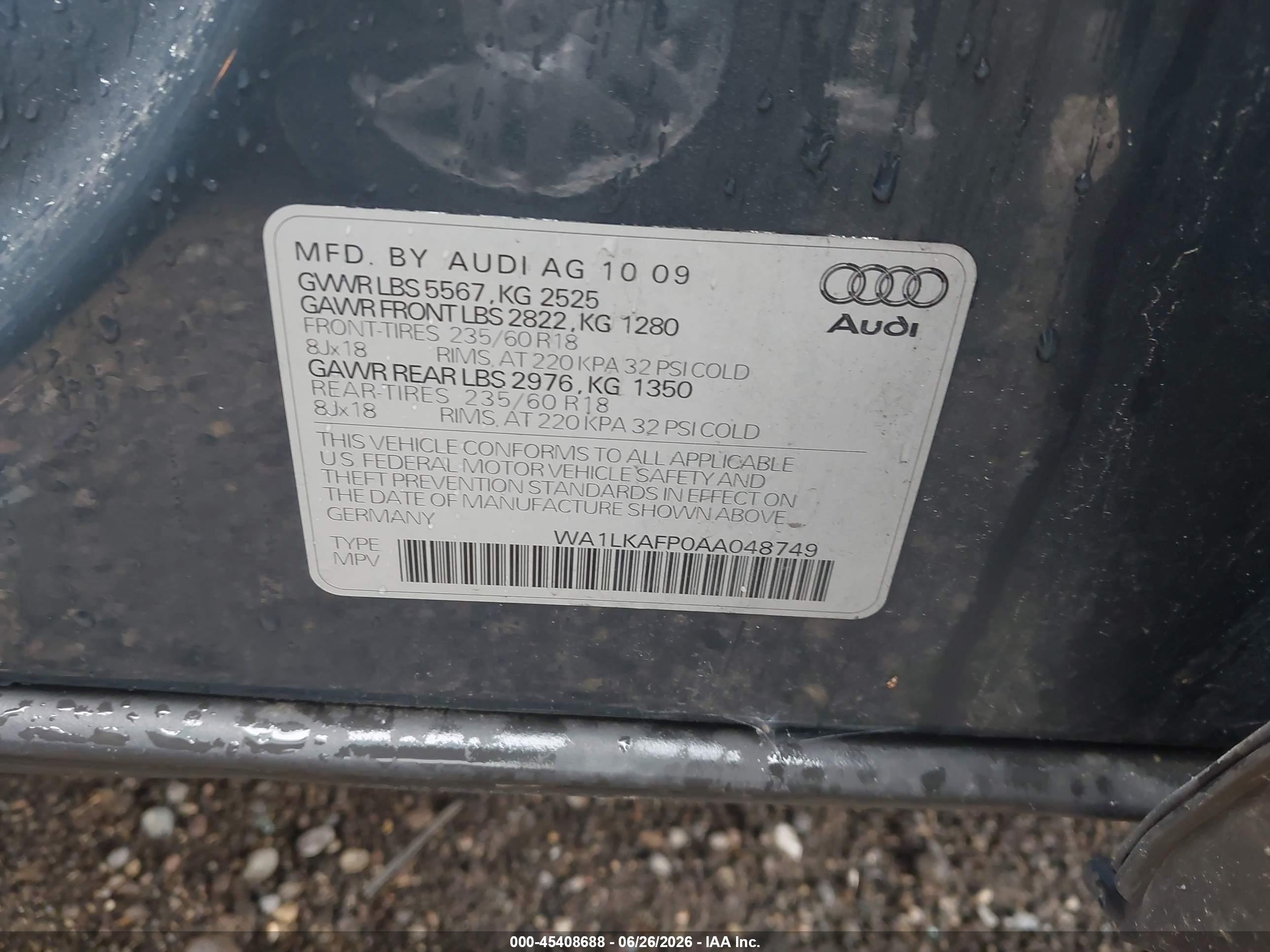 2010 Audi Q5 3.2 Premium Gray vin: WA1LKAFP0AA048749