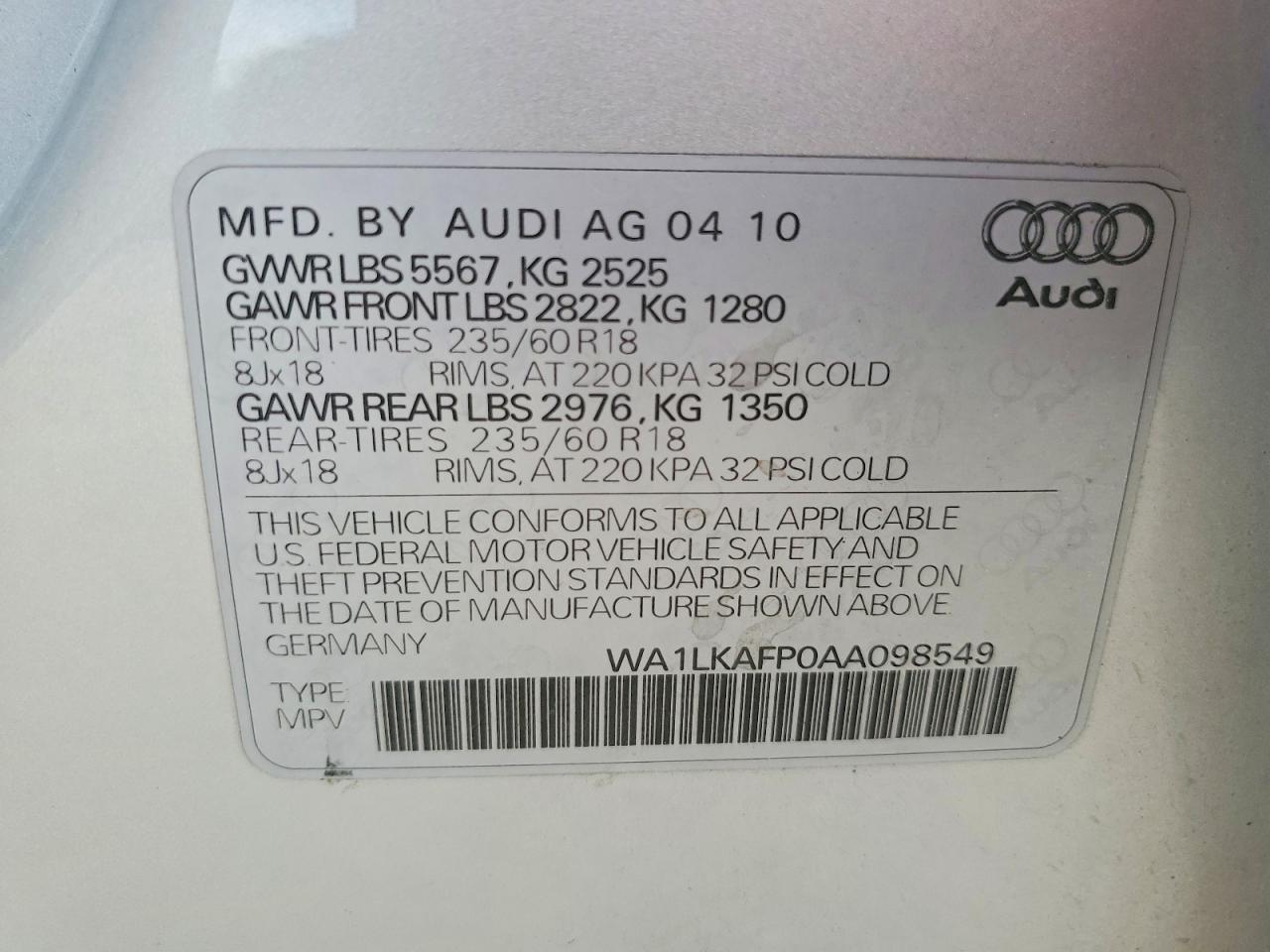 2010 Audi Q5 Premium Plus Silver vin: WA1LKAFP0AA098549