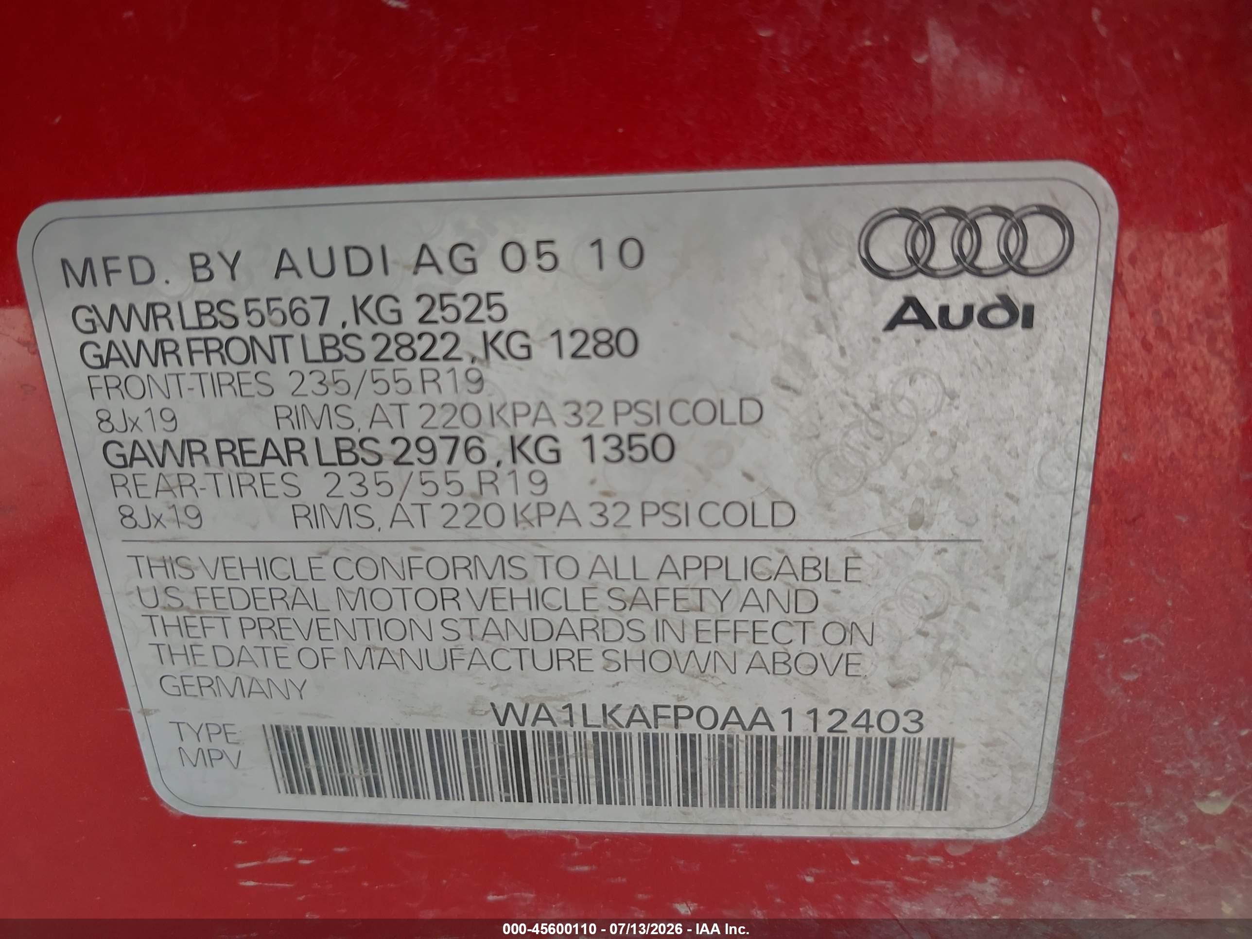 2010 Audi Q5 3.2 Premium Red vin: WA1LKAFP0AA112403