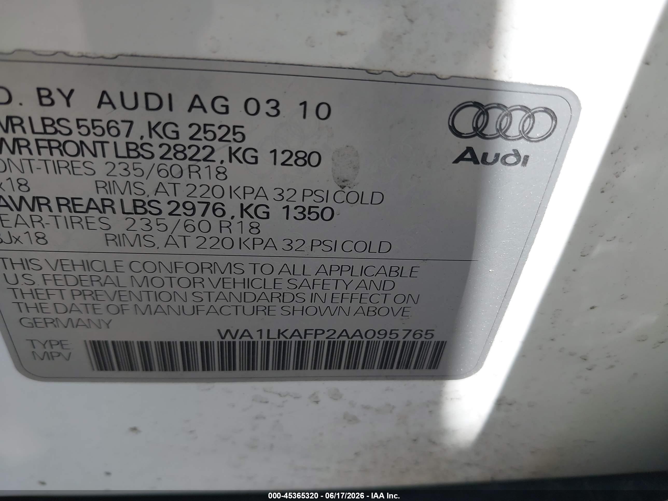 2010 Audi Q5 3.2 Premium White vin: WA1LKAFP2AA095765