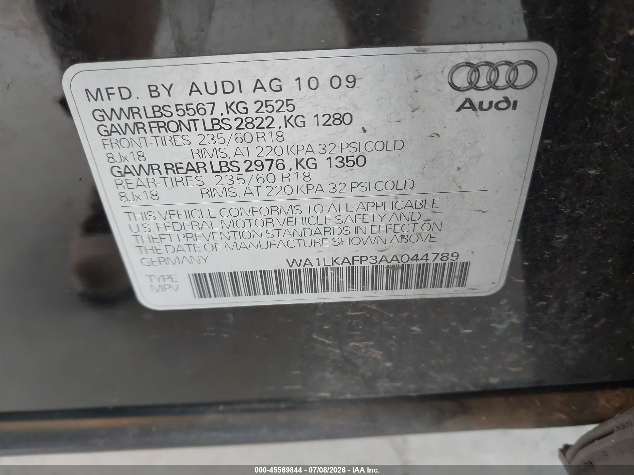 2010 Audi Q5 3.2 Premium Black vin: WA1LKAFP3AA044789