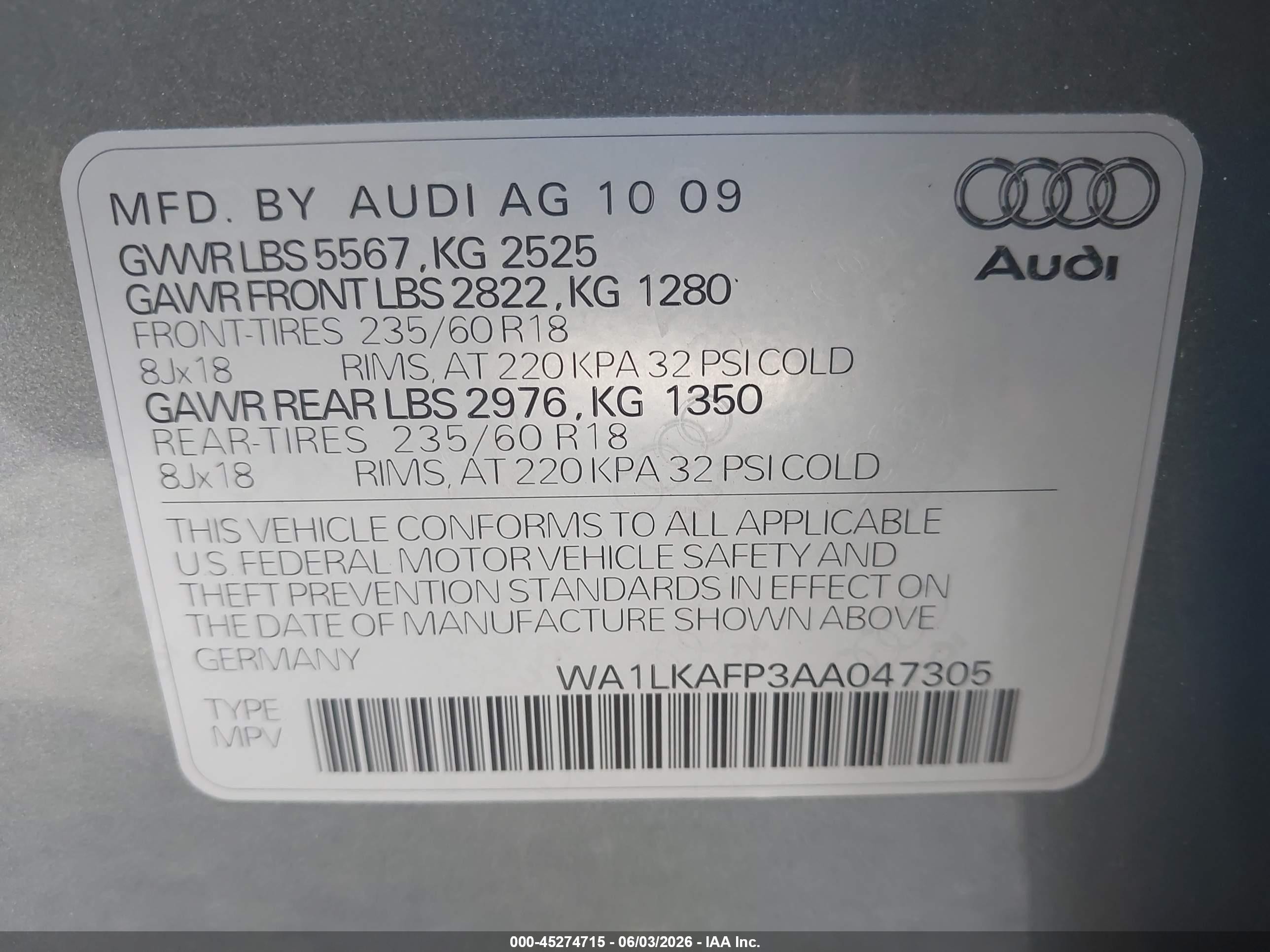 2010 Audi Q5 3.2 Premium Gray vin: WA1LKAFP3AA047305