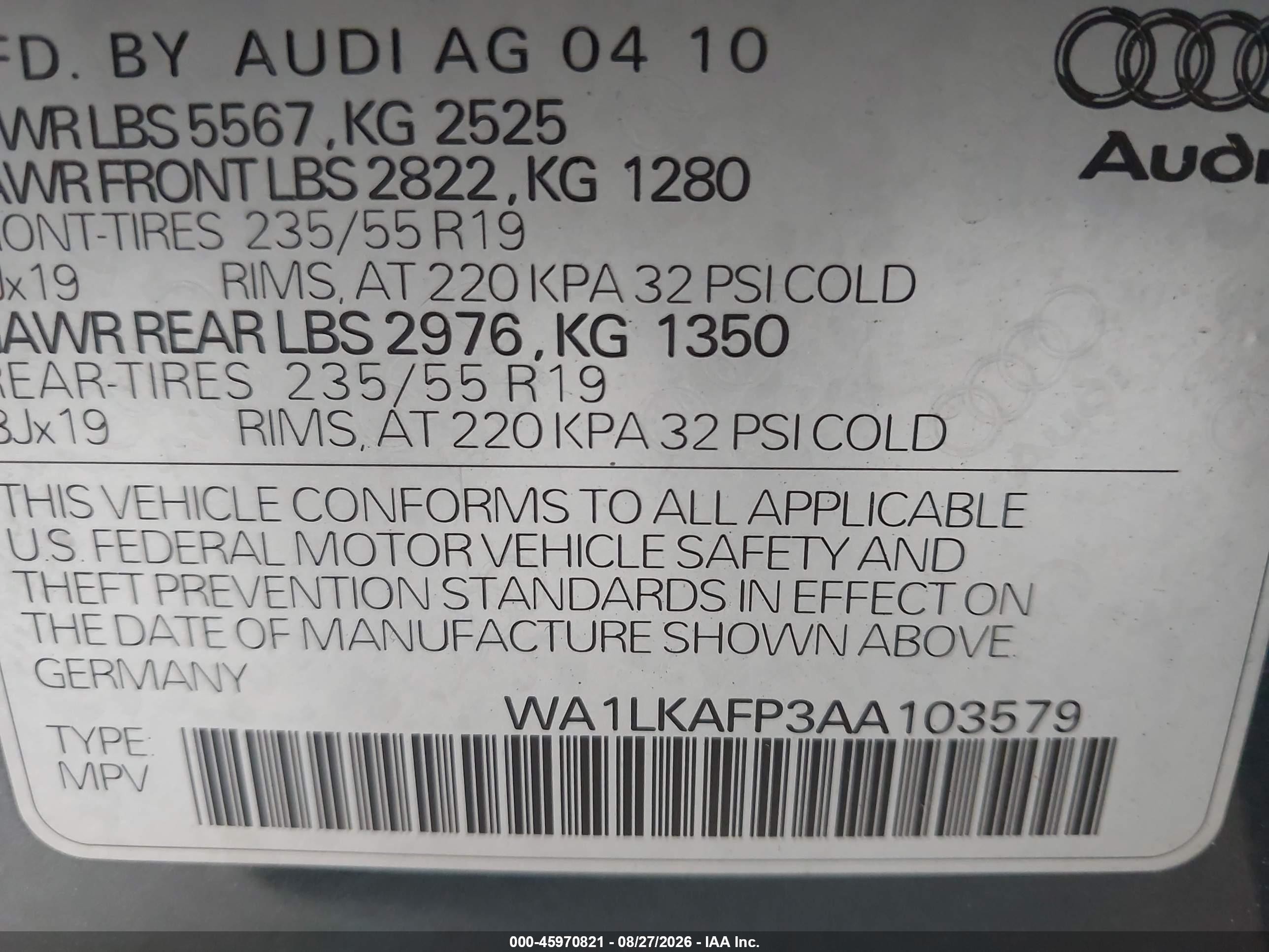 2010 Audi Q5 3.2 Premium Gray vin: WA1LKAFP3AA103579