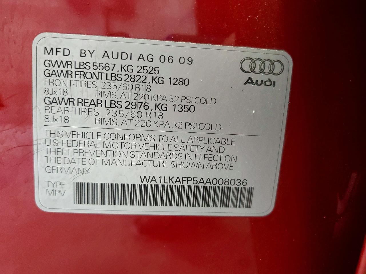 2010 Audi Q5 Premium Plus Red vin: WA1LKAFP5AA008036