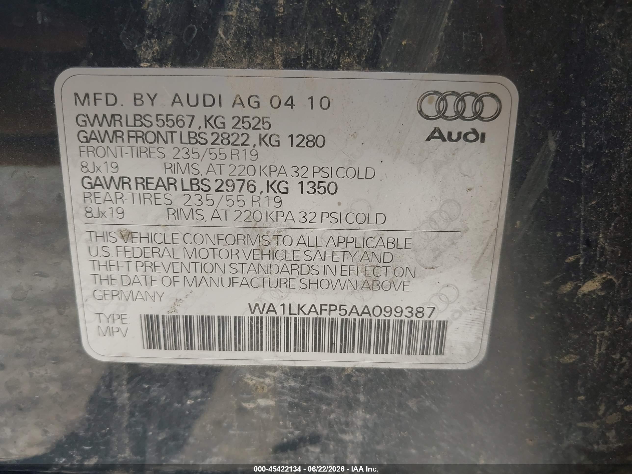 2010 Audi Q5 3.2 Premium Gray vin: WA1LKAFP5AA099387