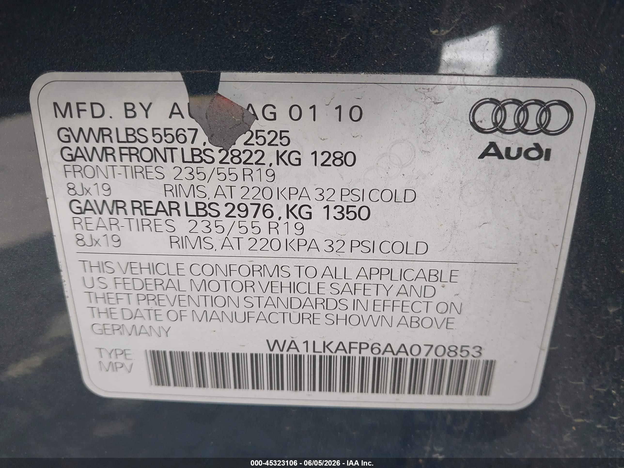 2010 Audi Q5 3.2 Premium Gray vin: WA1LKAFP6AA070853