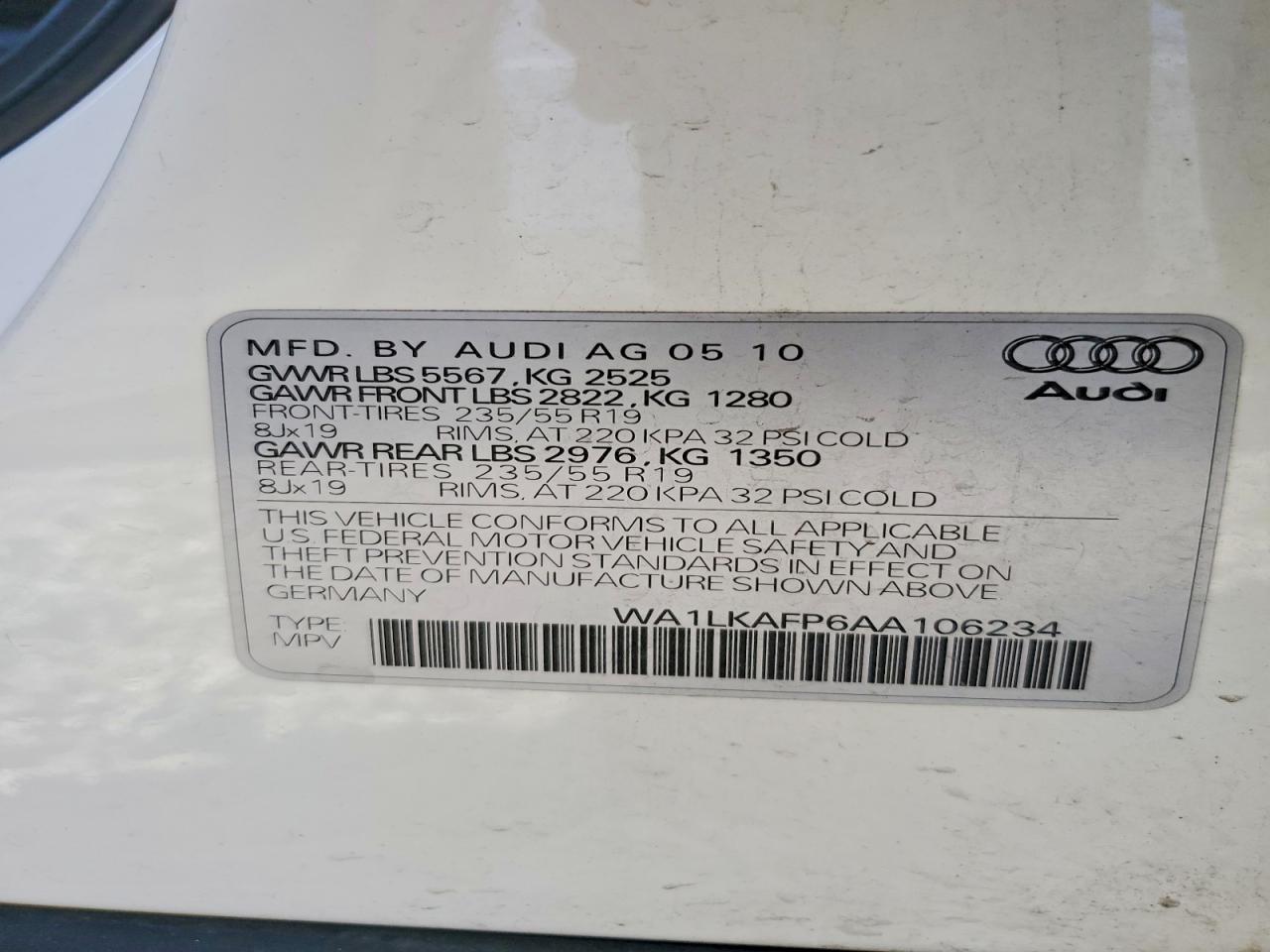 2010 Audi Q5 Premium Plus Белый vin: WA1LKAFP6AA106234