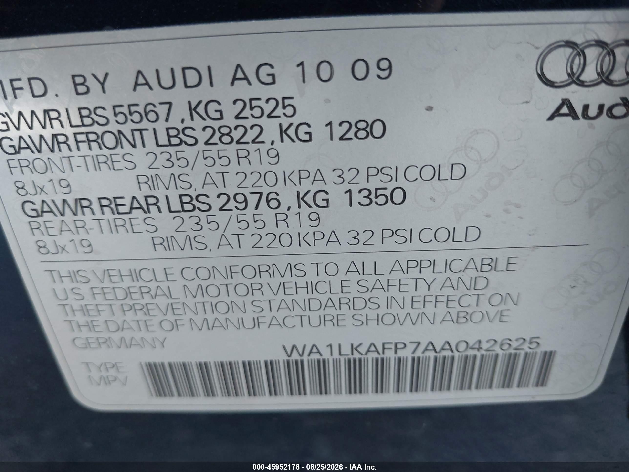 2010 Audi Q5 3.2 Premium Синий vin: WA1LKAFP7AA042625
