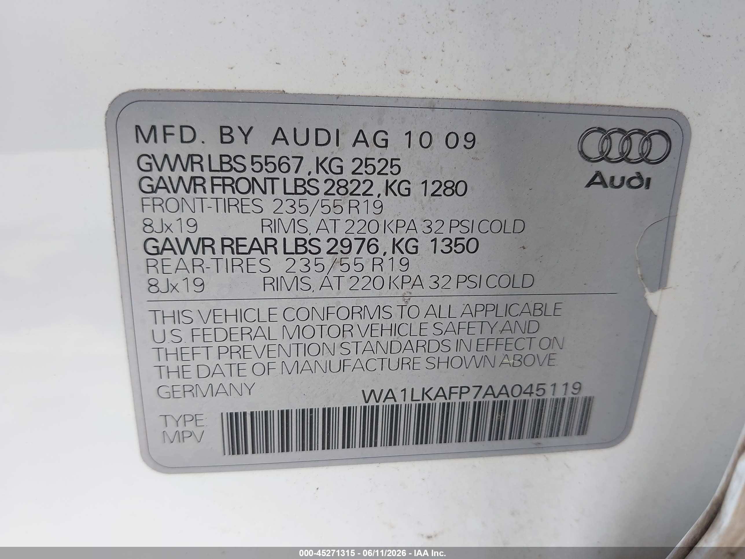 2010 Audi Q5 3.2 Premium Белый vin: WA1LKAFP7AA045119