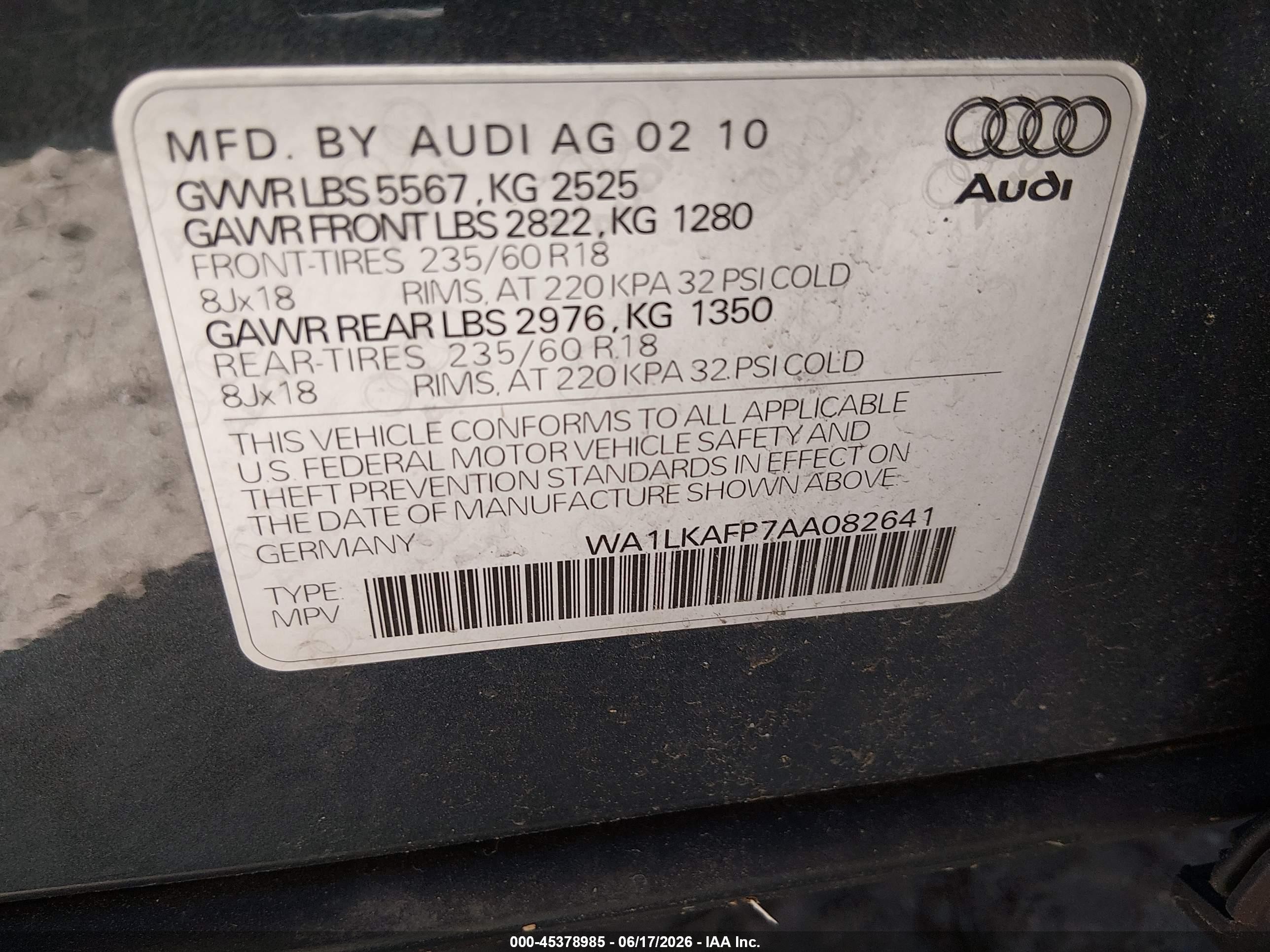 2010 Audi Q5 3.2 Premium Blue vin: WA1LKAFP7AA082641