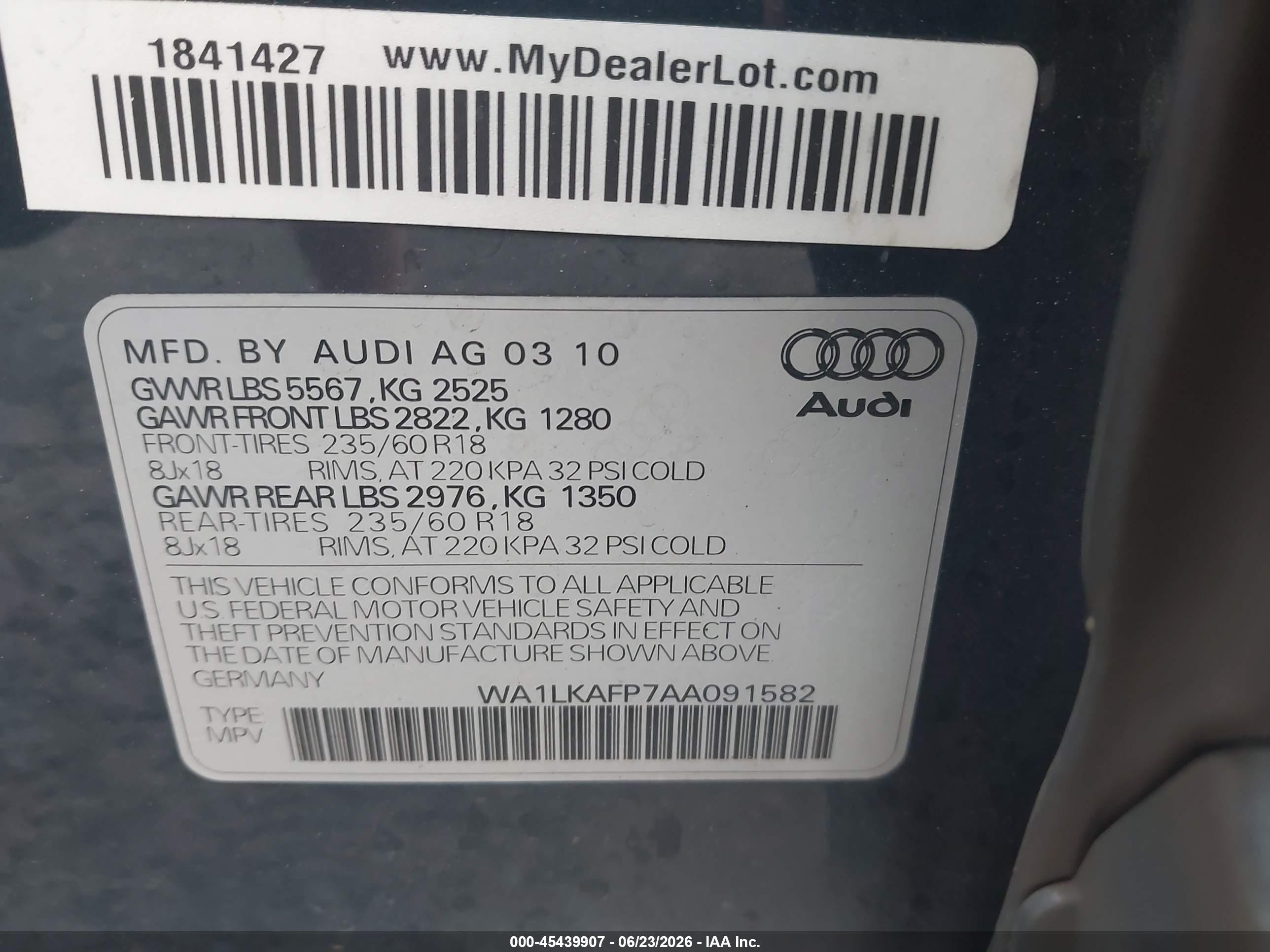 2010 Audi Q5 3.2 Premium Black vin: WA1LKAFP7AA091582