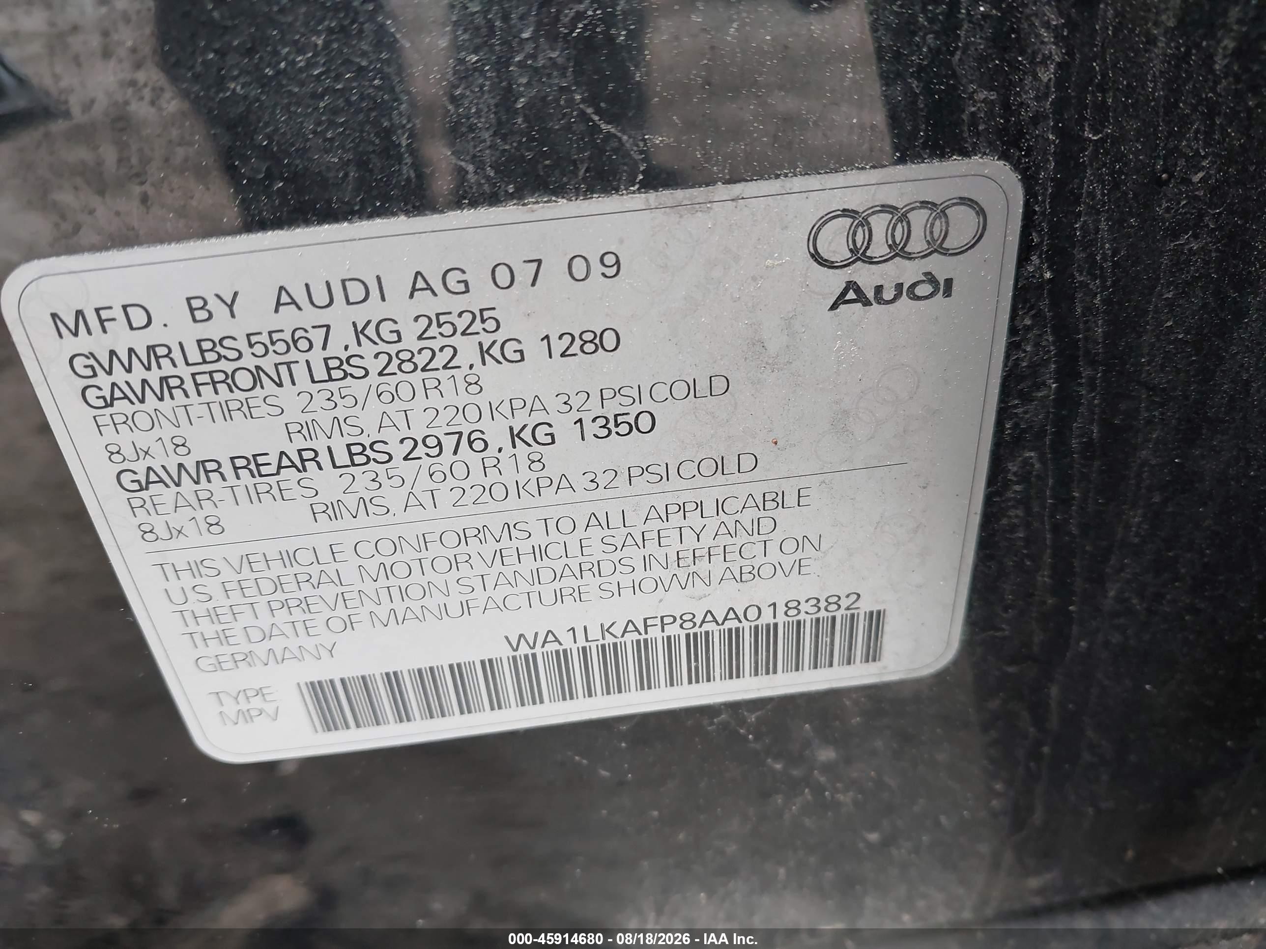 2010 Audi Q5 3.2 Premium Black vin: WA1LKAFP8AA018382