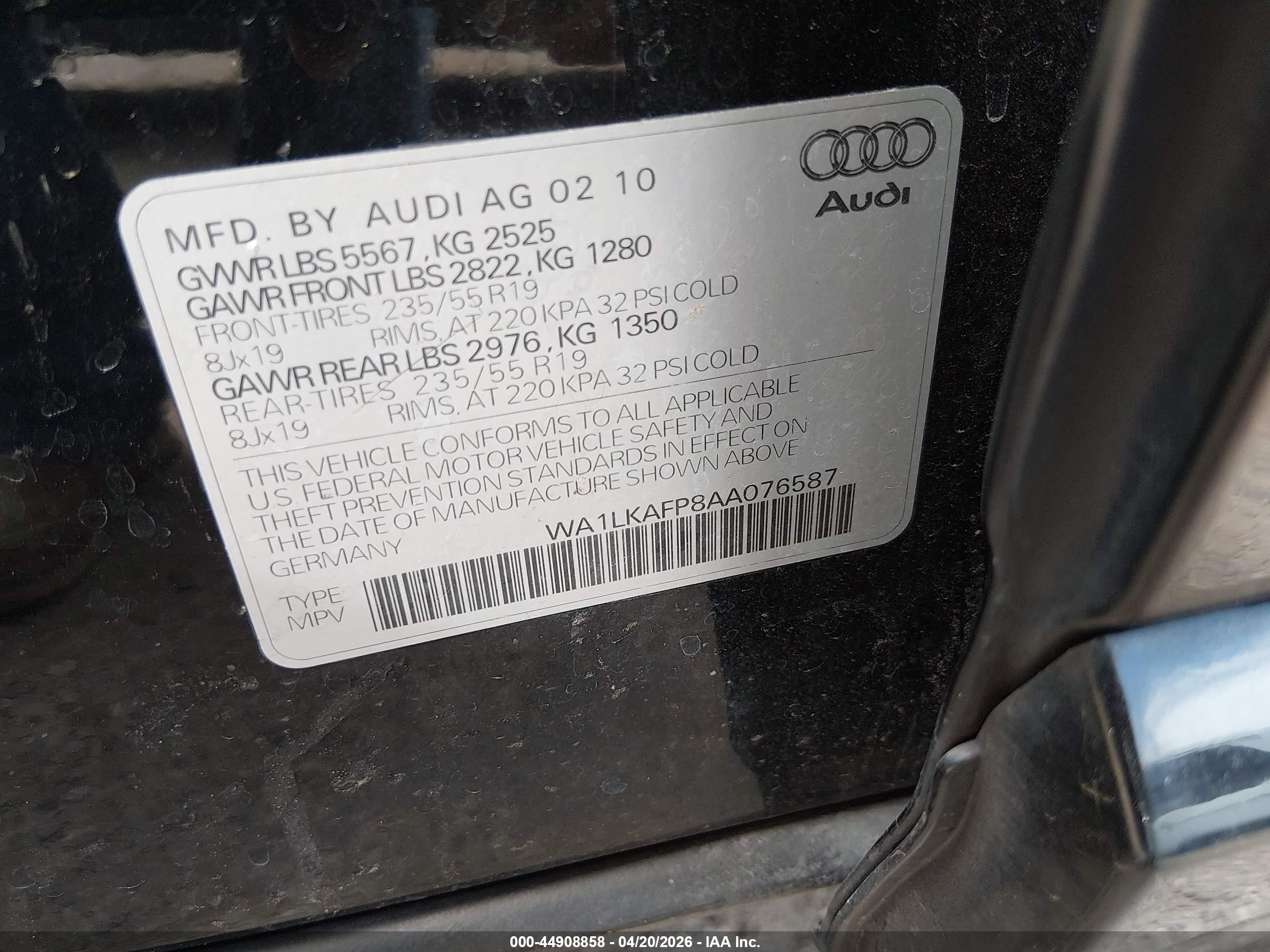 2010 Audi Q5 3.2 Premium Black vin: WA1LKAFP8AA076587