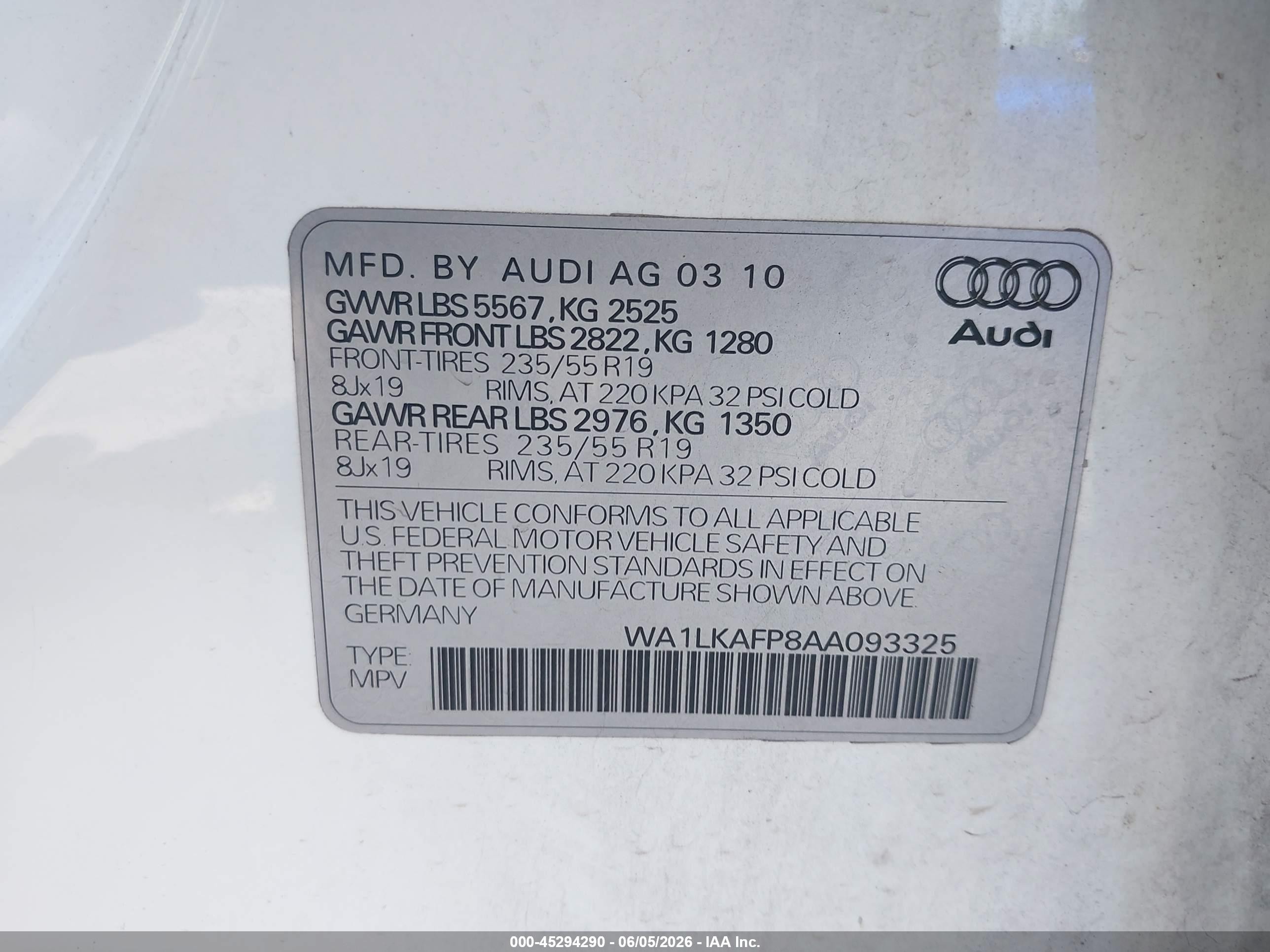 2010 Audi Q5 3.2 Premium White vin: WA1LKAFP8AA093325
