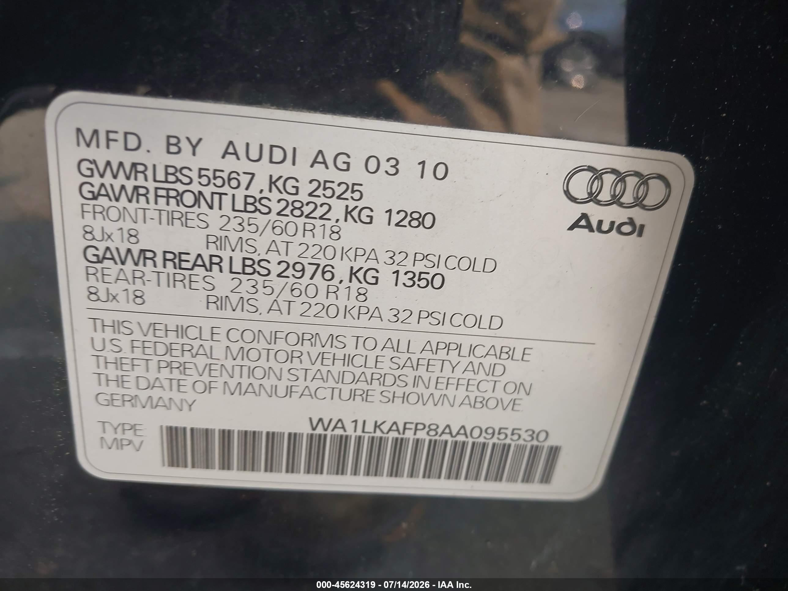 2010 Audi Q5 3.2 Premium Black vin: WA1LKAFP8AA095530