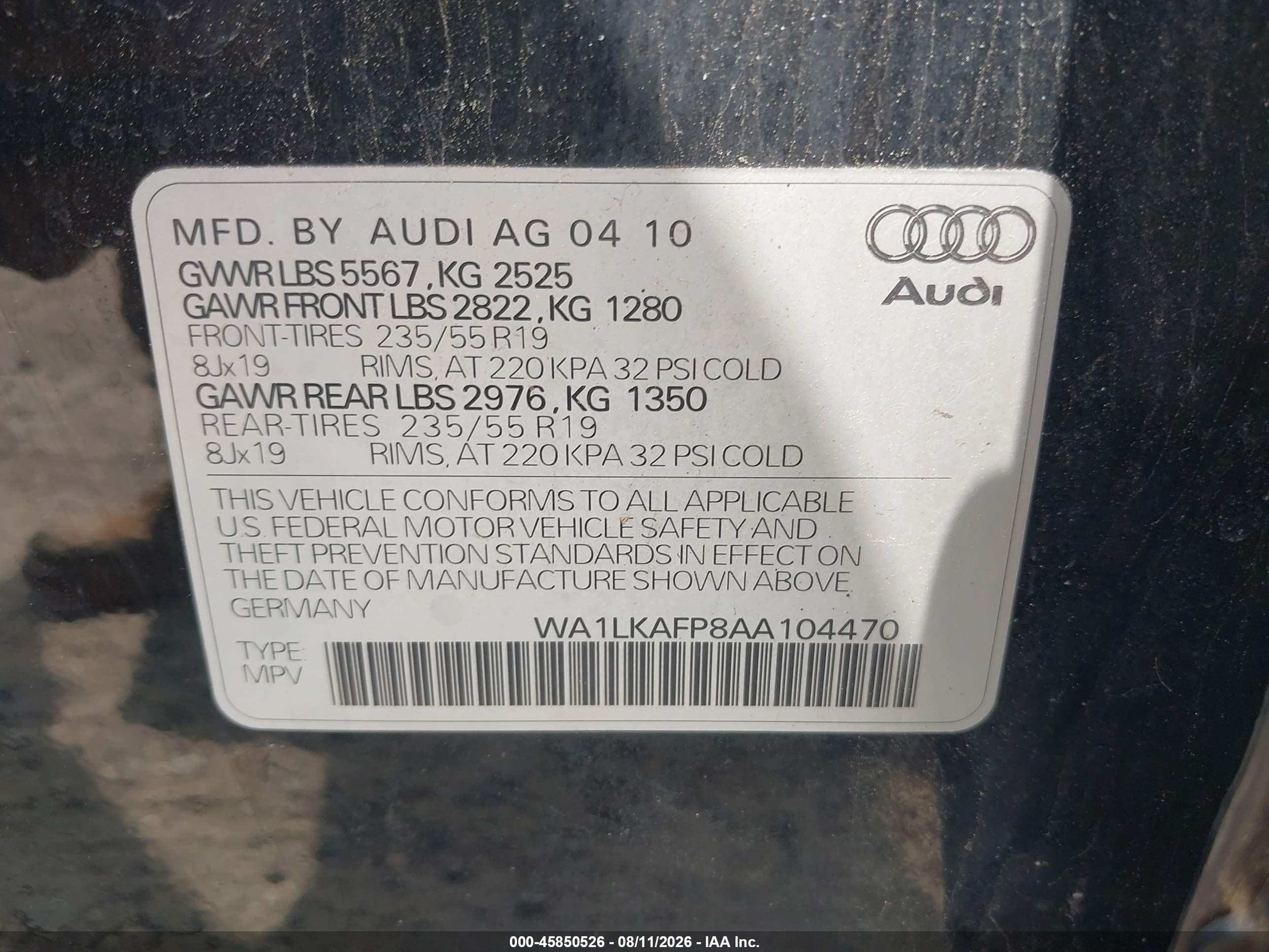 2010 Audi Q5 3.2 Premium Black vin: WA1LKAFP8AA104470