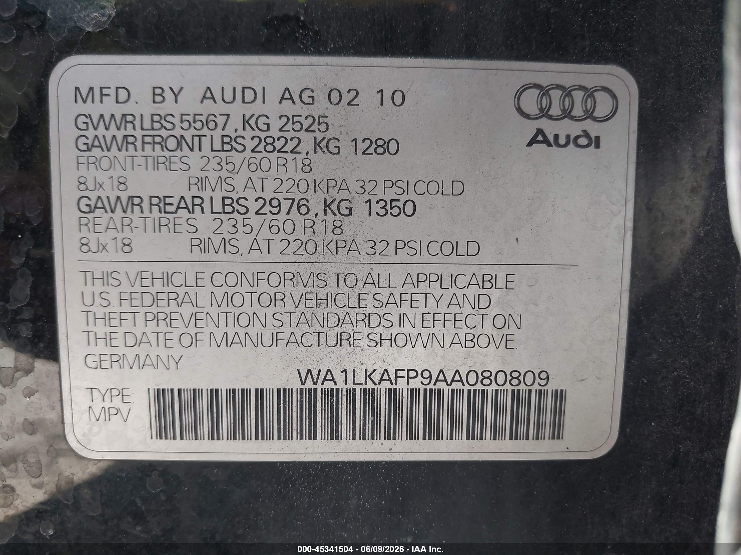 2010 Audi Q5 3.2 Premium Black vin: WA1LKAFP9AA080809