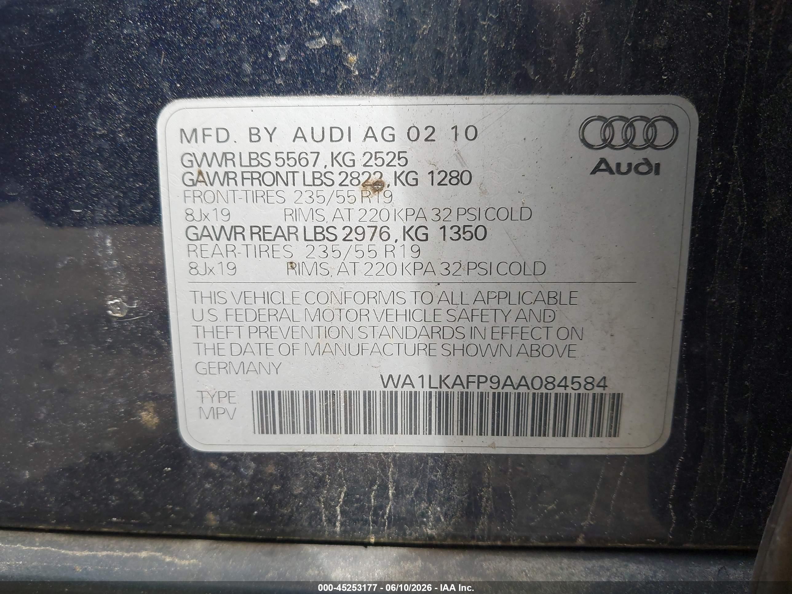 2010 Audi Q5 3.2 Premium Black vin: WA1LKAFP9AA084584