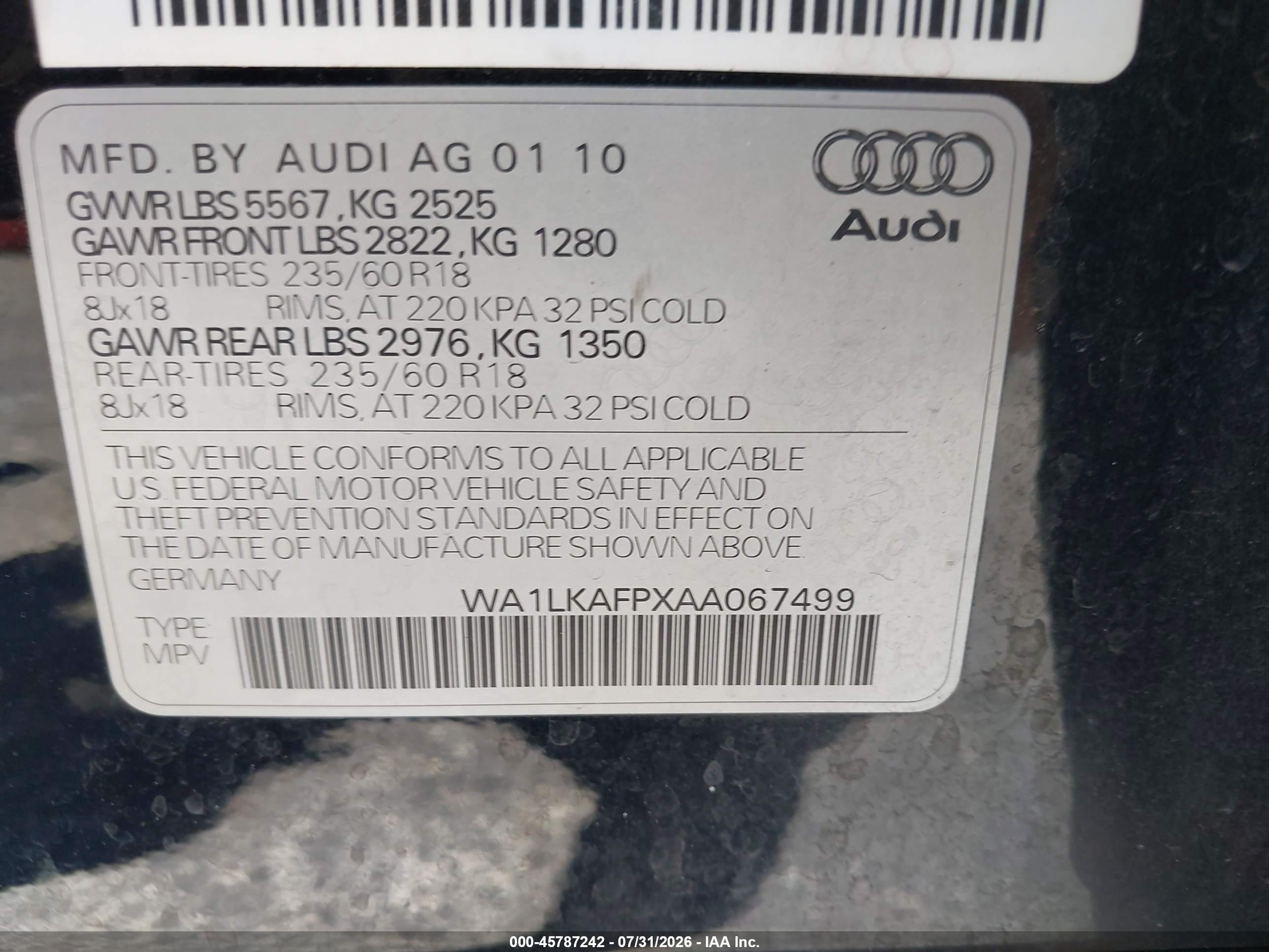 2010 Audi Q5 3.2 Premium Black vin: WA1LKAFPXAA067499