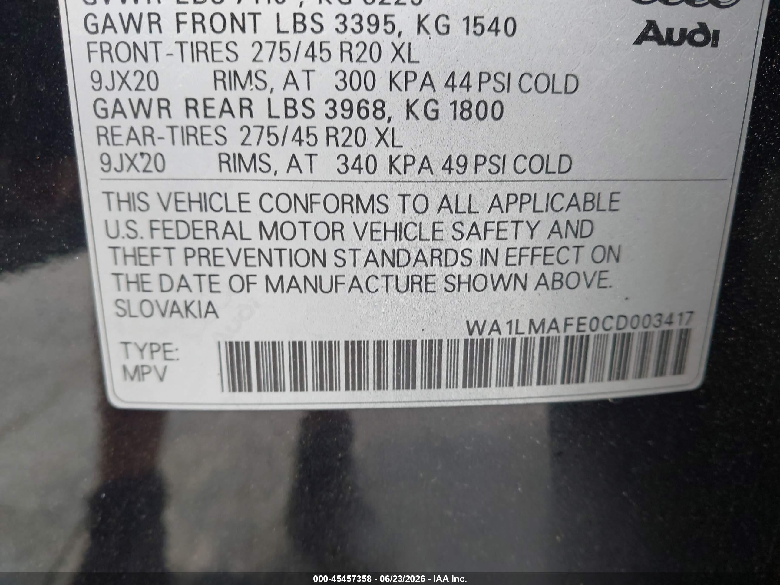 2012 Audi Q7 3.0 Tdi Premium Black vin: WA1LMAFE0CD003417