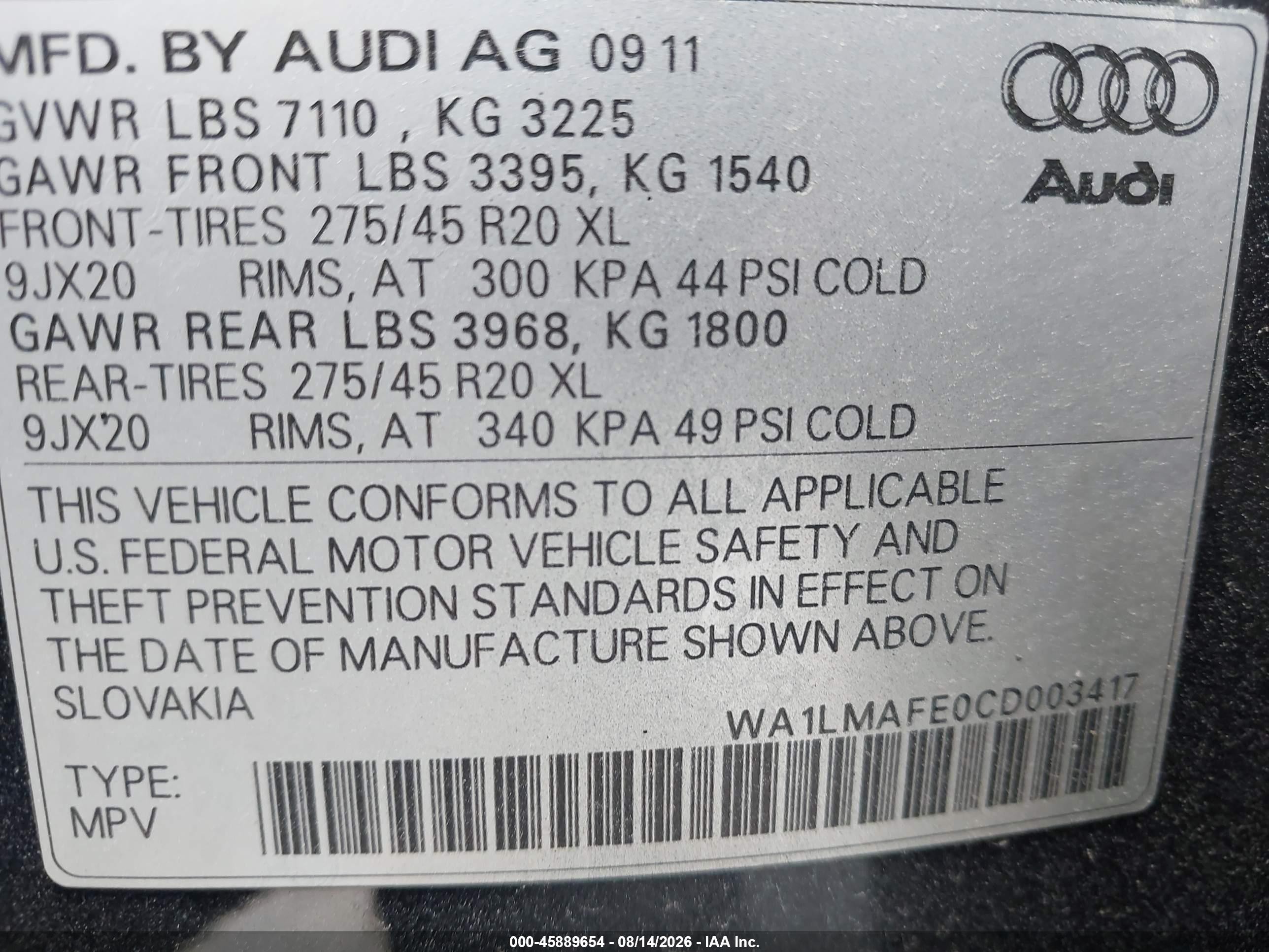 2012 Audi Q7 3.0 Tdi Premium Black vin: WA1LMAFE0CD003417
