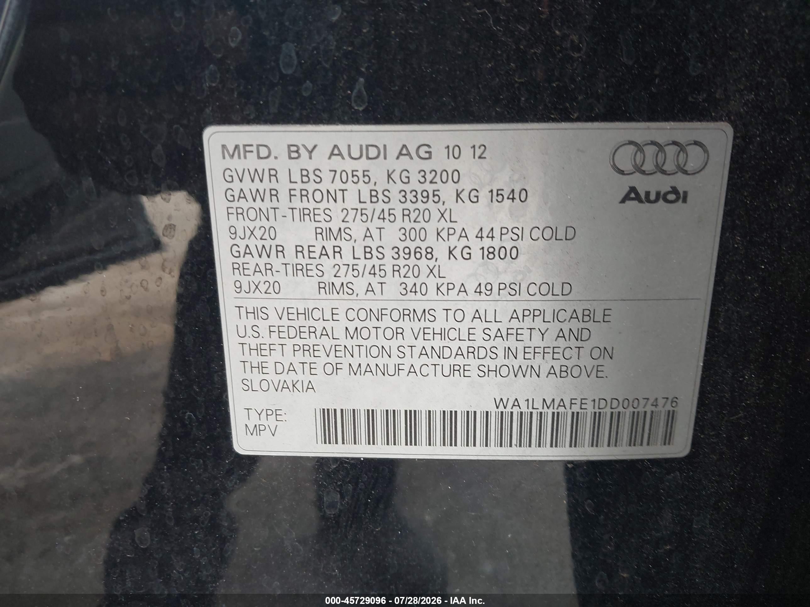 2013 Audi Q7 3.0 Tdi Premium Black vin: WA1LMAFE1DD007476