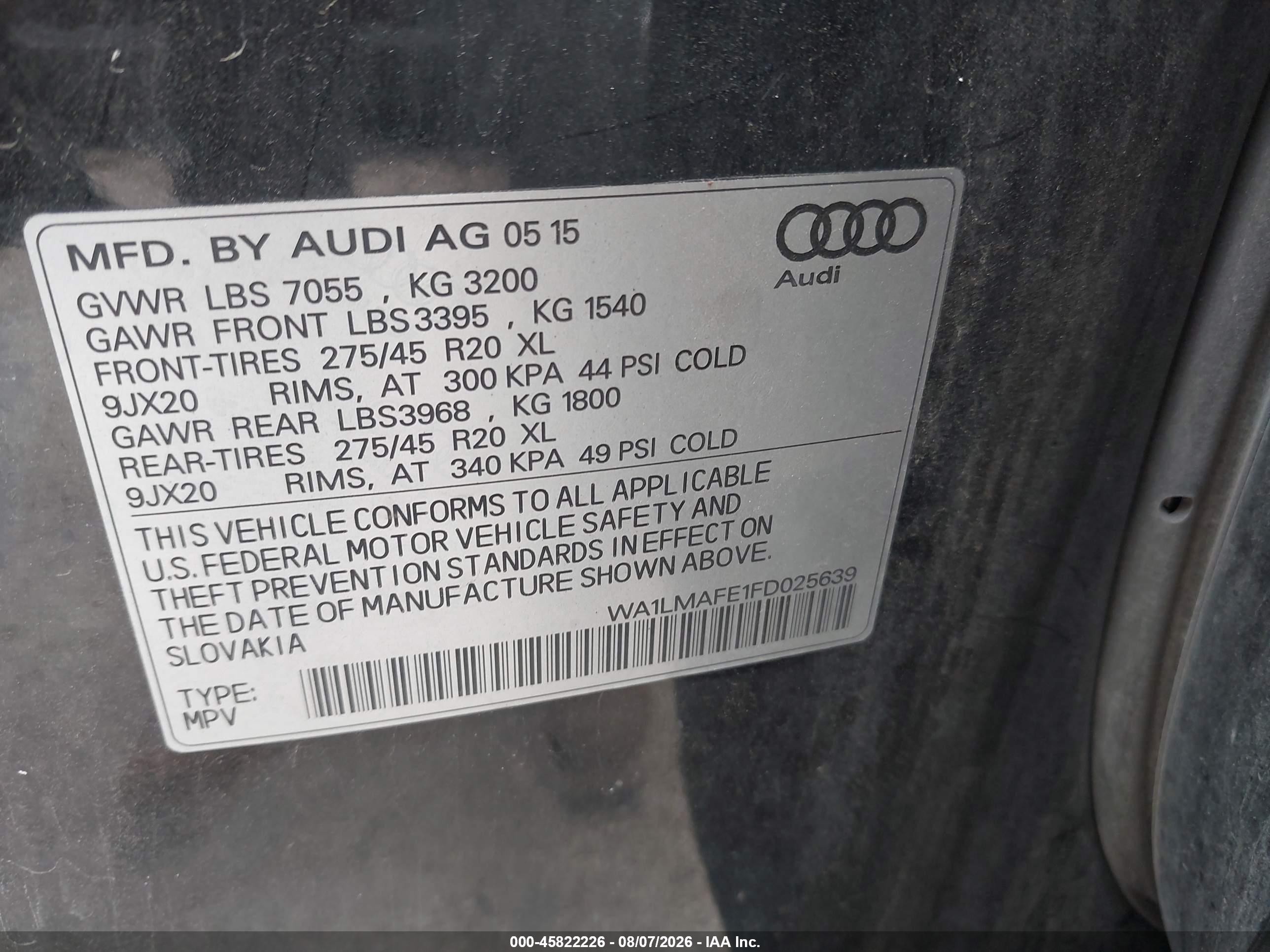 2015 Audi Q7 3.0 Tdi Premium Black vin: WA1LMAFE1FD025639