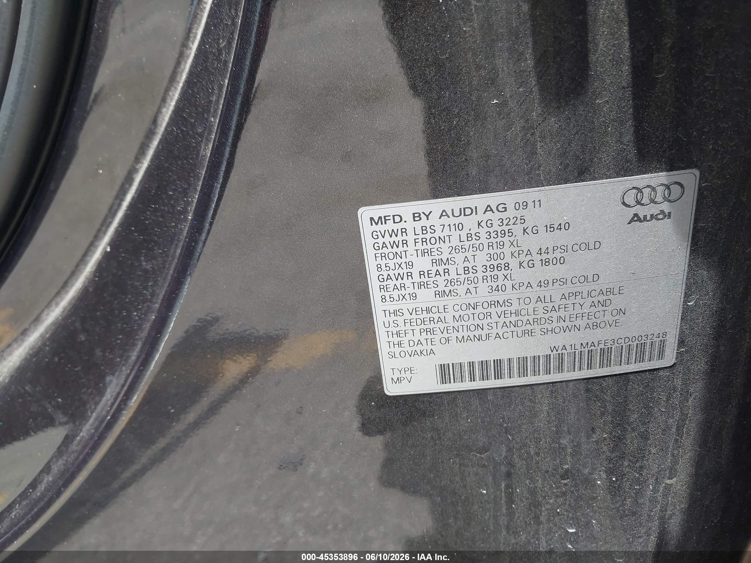 2012 Audi Q7 3.0 Tdi Premium Черный vin: WA1LMAFE3CD003248