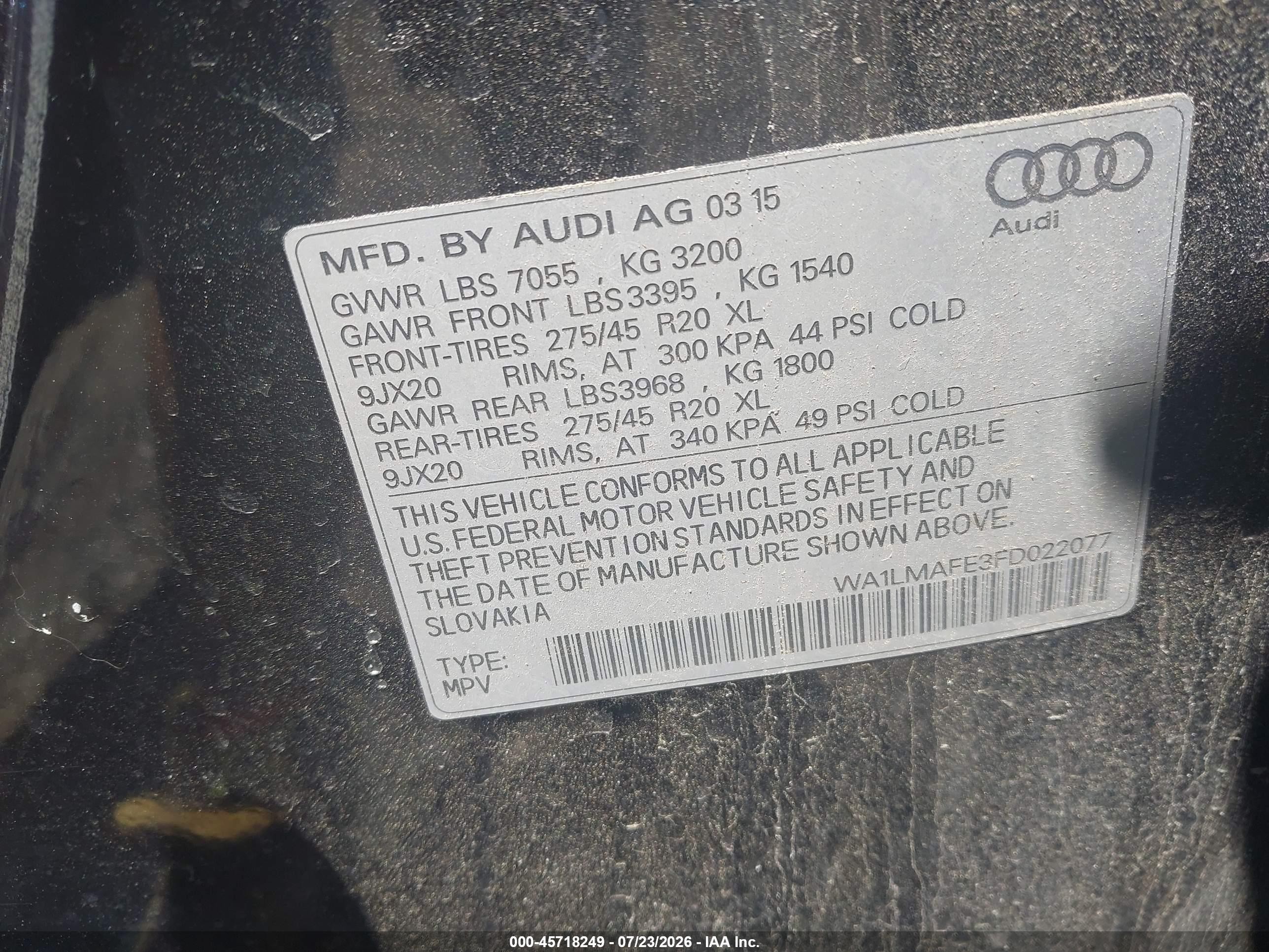 2015 Audi Q7 3.0 Tdi Premium Черный vin: WA1LMAFE3FD022077