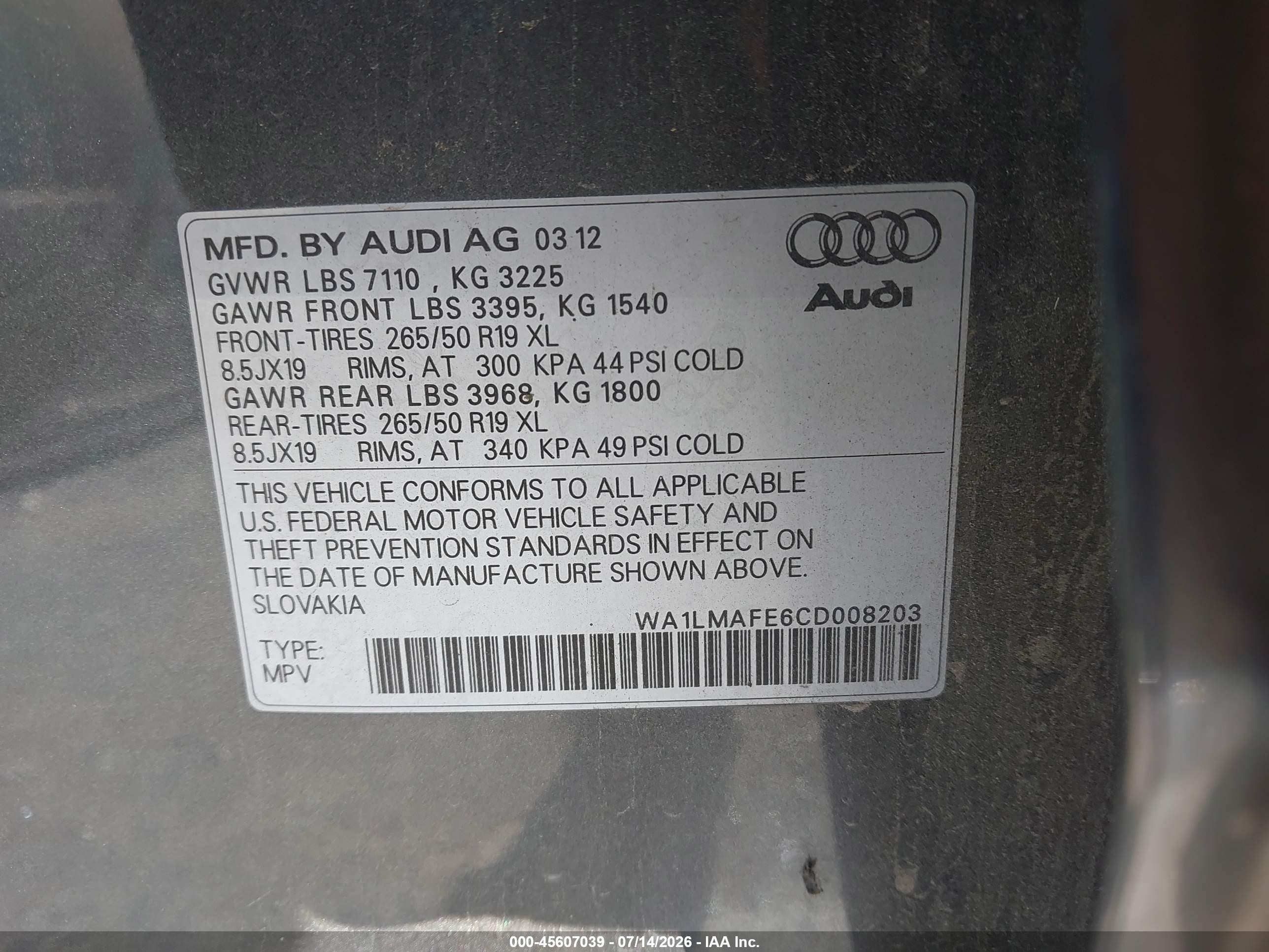 2012 Audi Q7 3.0 Tdi Premium Gray vin: WA1LMAFE6CD008203