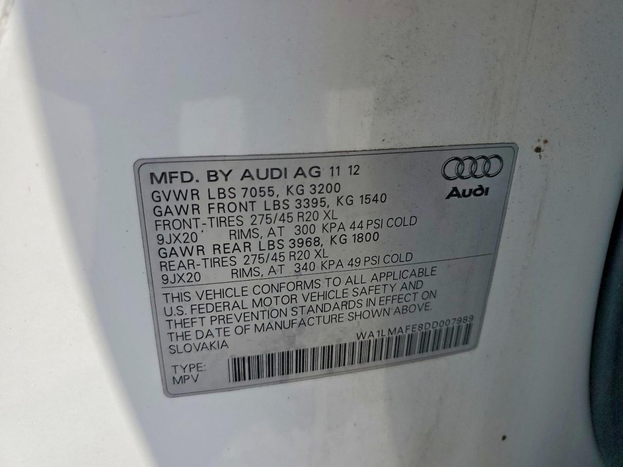 2013 Audi Q7 Premium Plus White vin: WA1LMAFE8DD007989
