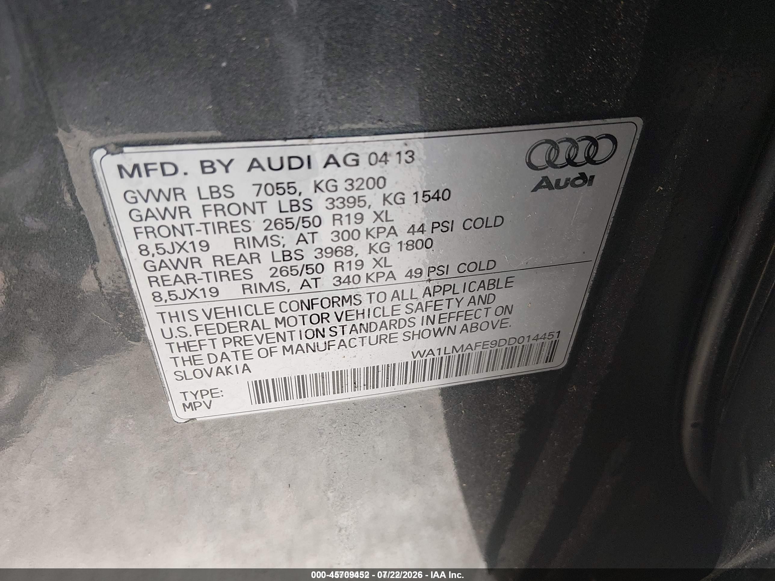 2013 Audi Q7 3.0 Tdi Premium Gray vin: WA1LMAFE9DD014451