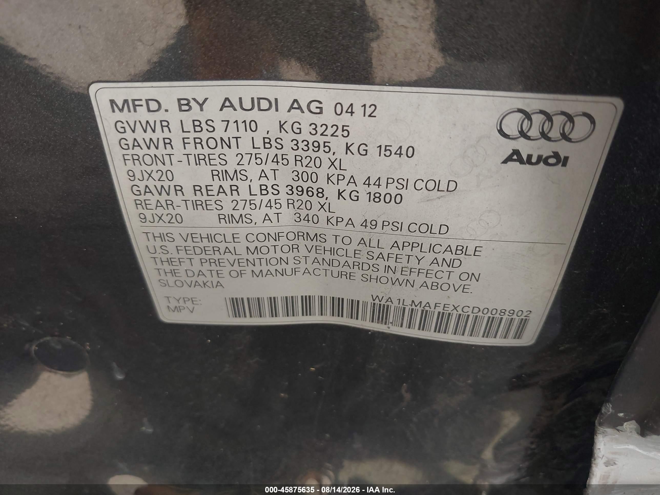 2012 Audi Q7 3.0 Tdi Premium Black vin: WA1LMAFEXCD008902
