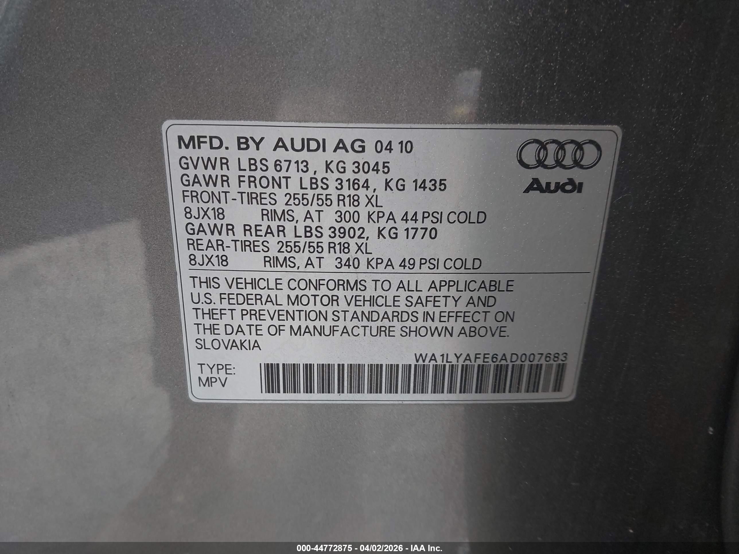 2010 Audi Q7 3.6 Premium Gray vin: WA1LYAFE6AD007683