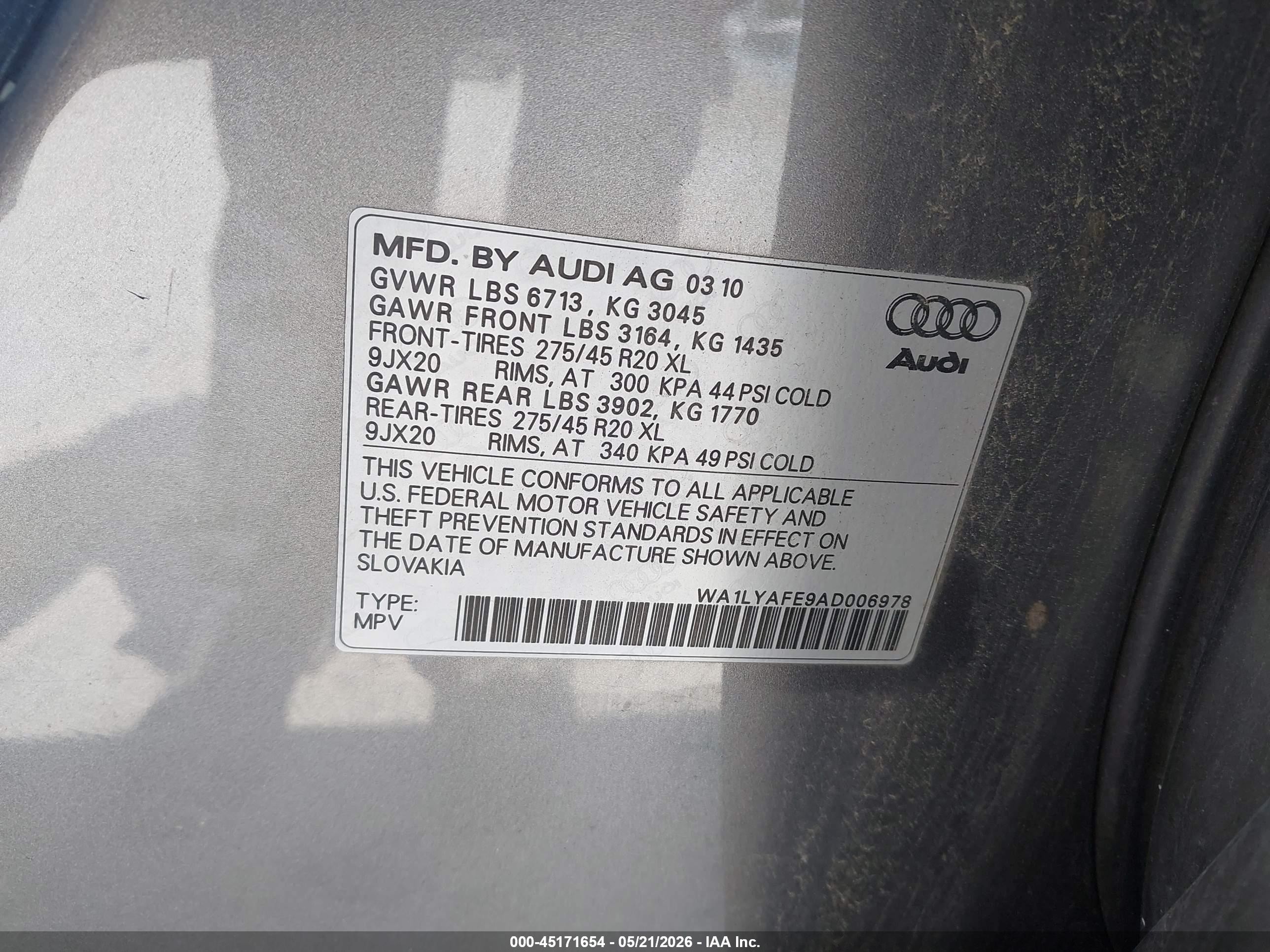 2010 Audi Q7 3.6 Premium Gray vin: WA1LYAFE9AD006978