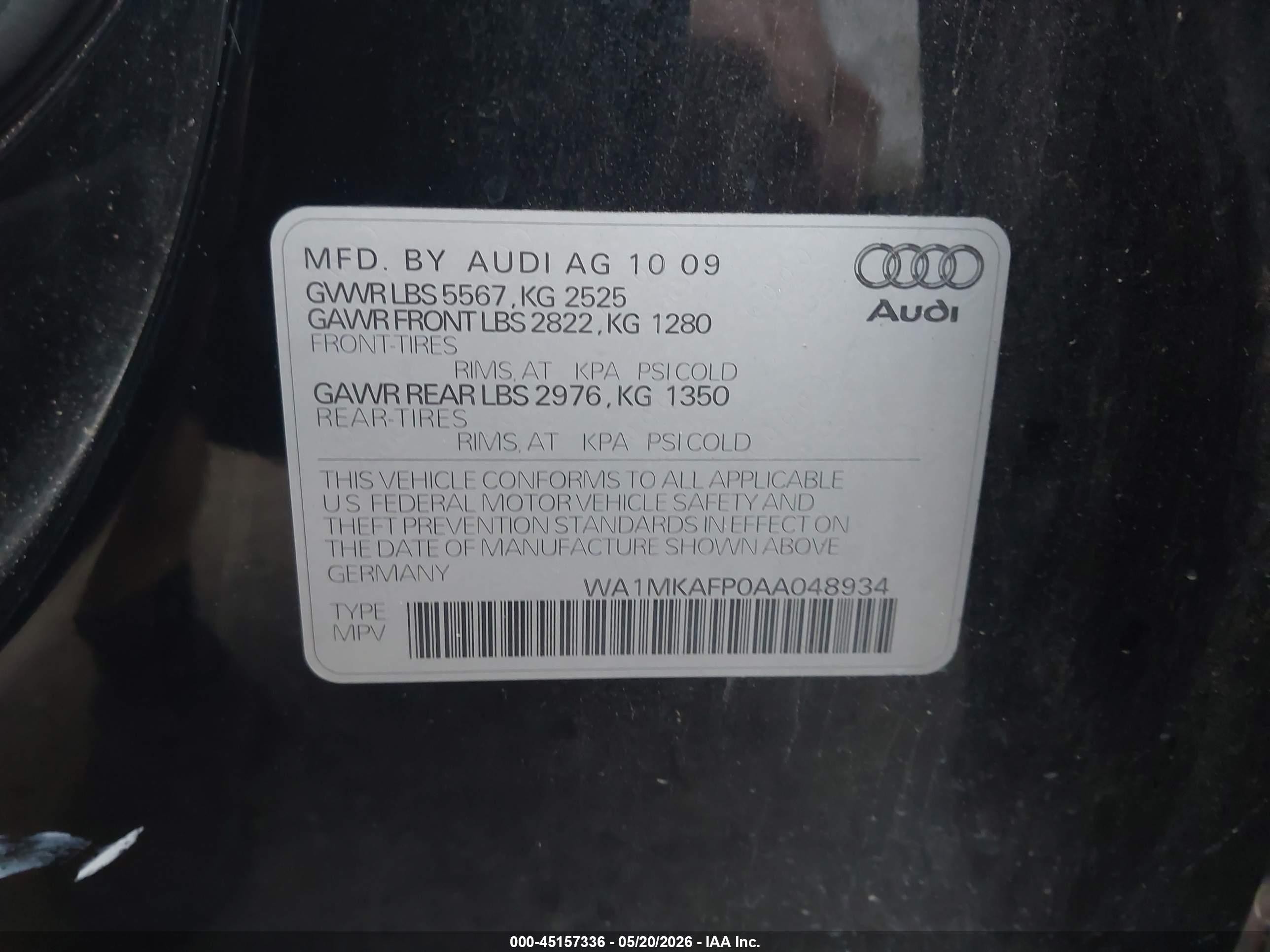 2010 Audi Q5 3.2 Premium Black vin: WA1MKAFP0AA048934