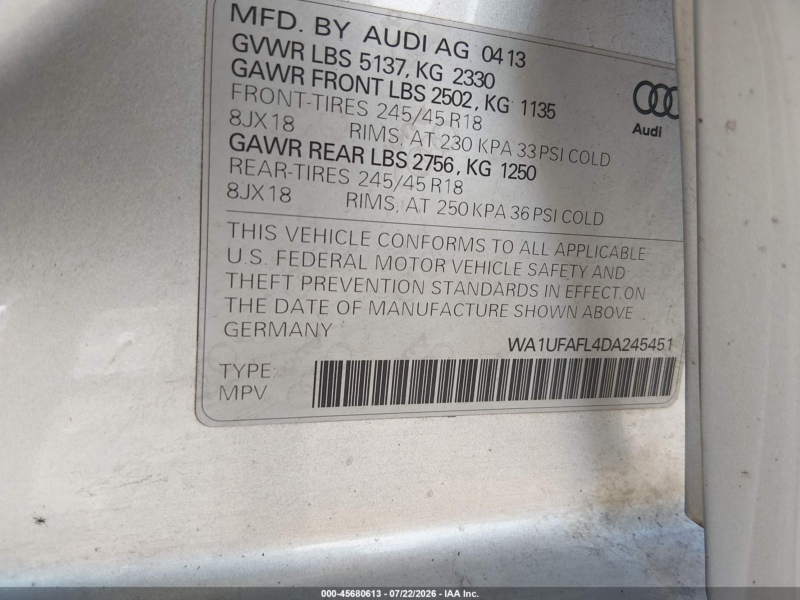 2013 Audi Allroad 2.0t Premium Plus Серебряный vin: WA1UFAFL4DA245451