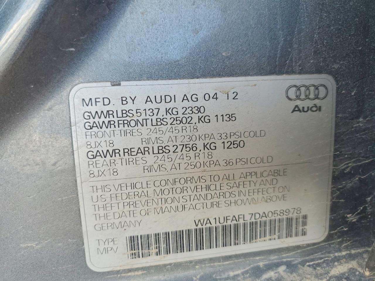 2013 Audi A4 Allroad Premium Plus Серый vin: WA1UFAFL7DA058978
