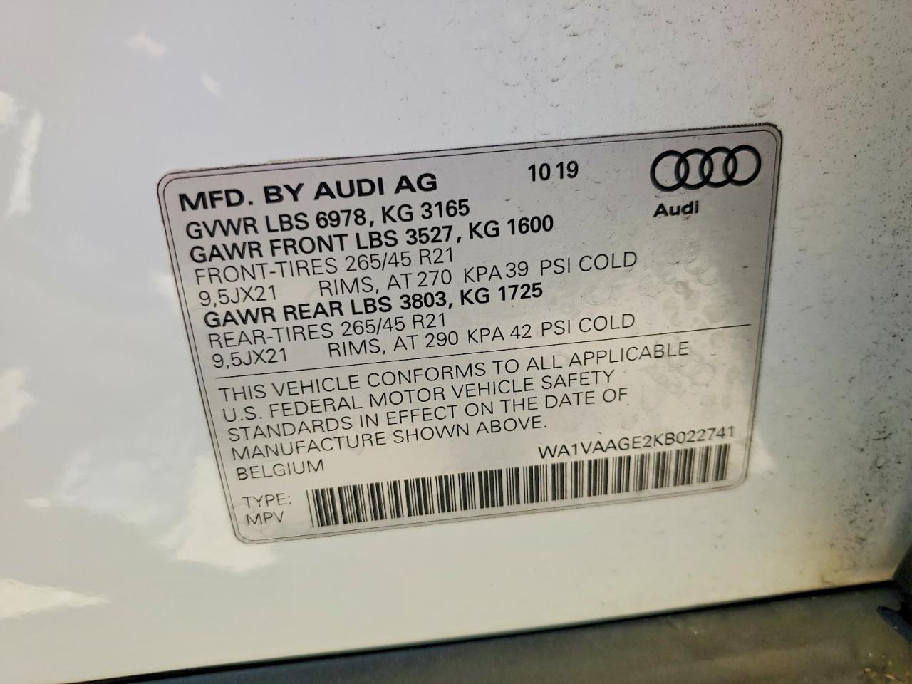 2019 Audi E-tron Prestige White vin: WA1VAAGE2KB022741