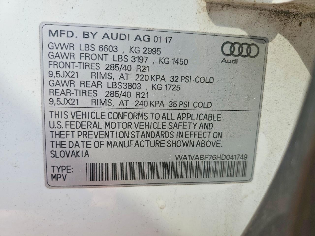 2017 Audi Q7 Prestige White vin: WA1VABF76HD041749