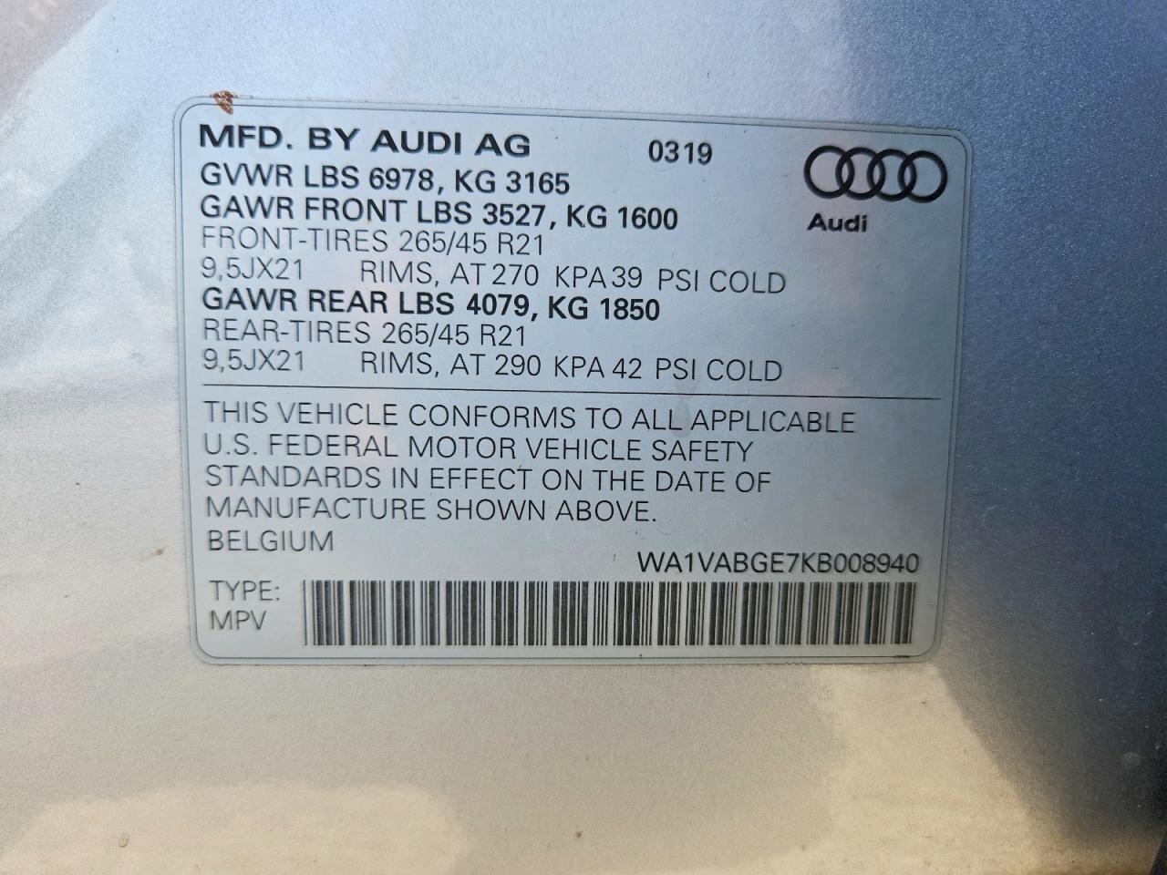 2019 Audi E-tron Prestige Silver vin: WA1VABGE7KB008940