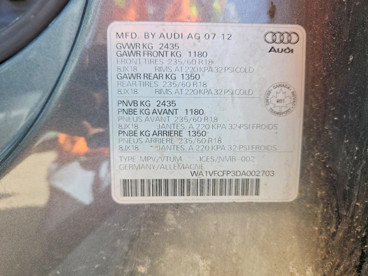 2013 Audi Q5 Premium Plus Gray vin: WA1VFCFP3DA002703