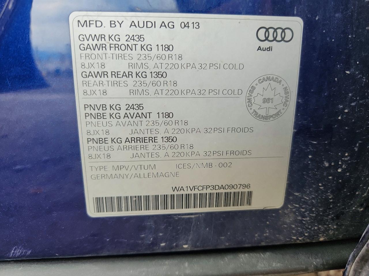 2013 Audi Q5 Premium Plus Blue vin: WA1VFCFP3DA090796