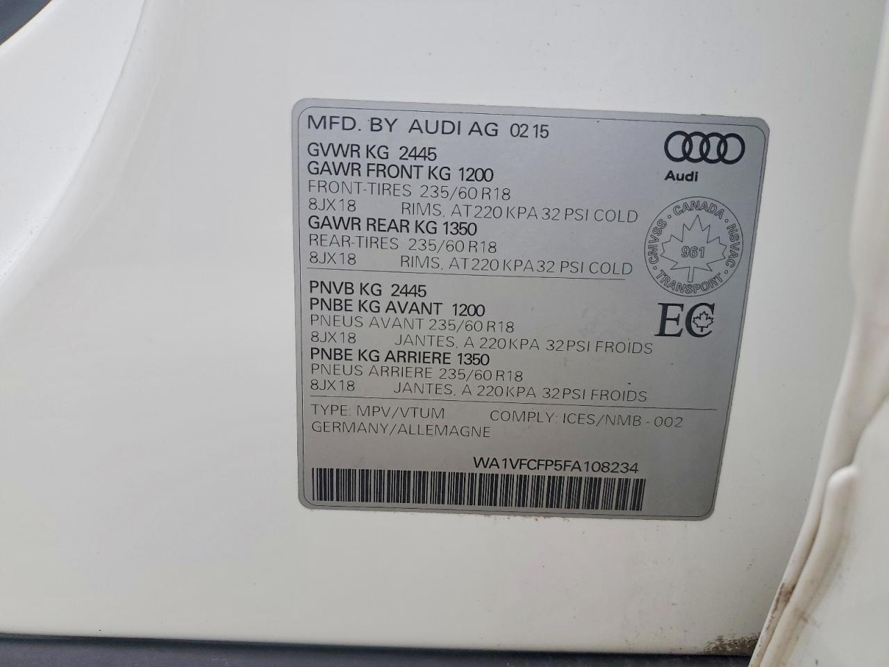 2015 Audi Q5 Prestige White vin: WA1VFCFP5FA108234